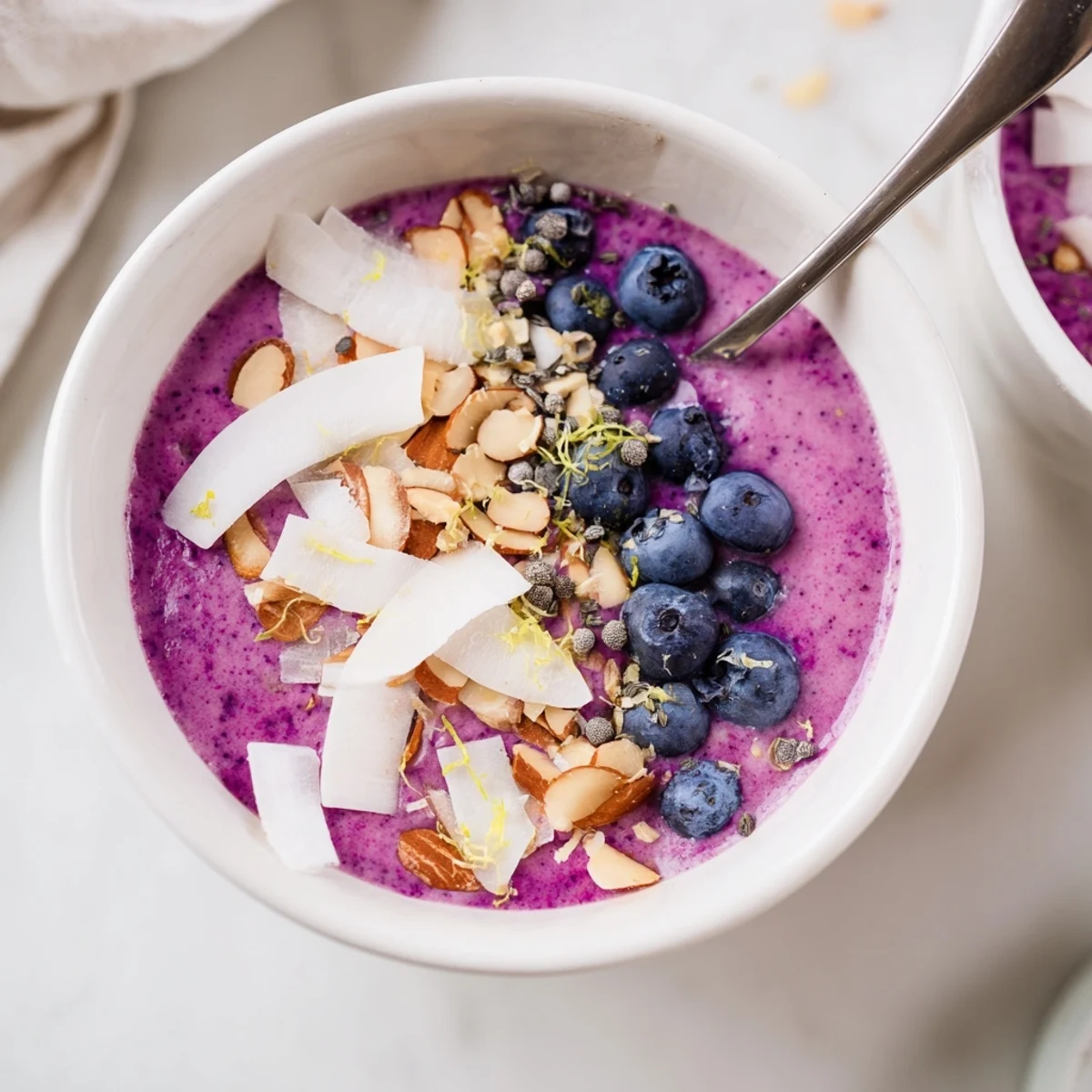 Thick purple smoothie bowl bursting with blueberry and lemon flavors, finished with coconut and toasted almond crunch