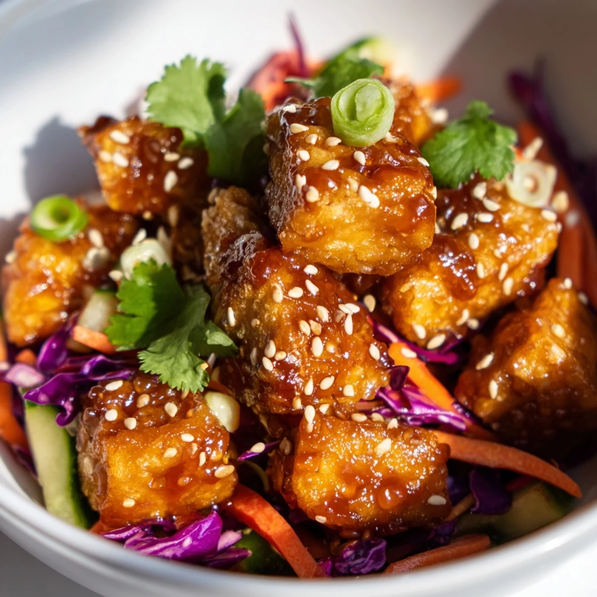 Colorful vegan bowl featuring crispy glazed tempeh served over rice with crunchy sesame vegetable slaw and fresh herbs