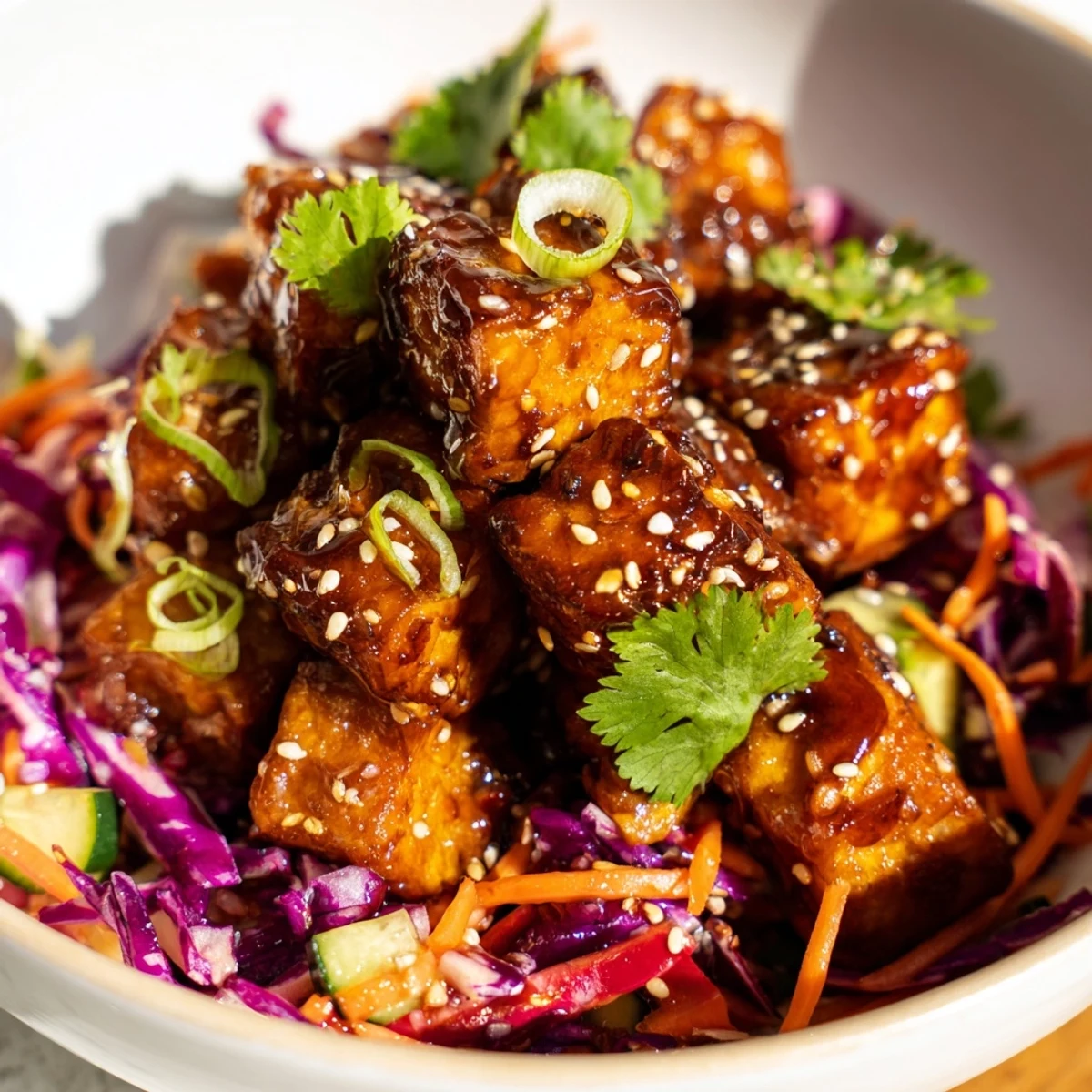 Golden tempeh cubes coated in sticky ginger soy sauce atop fluffy white rice with vibrant purple cabbage slaw