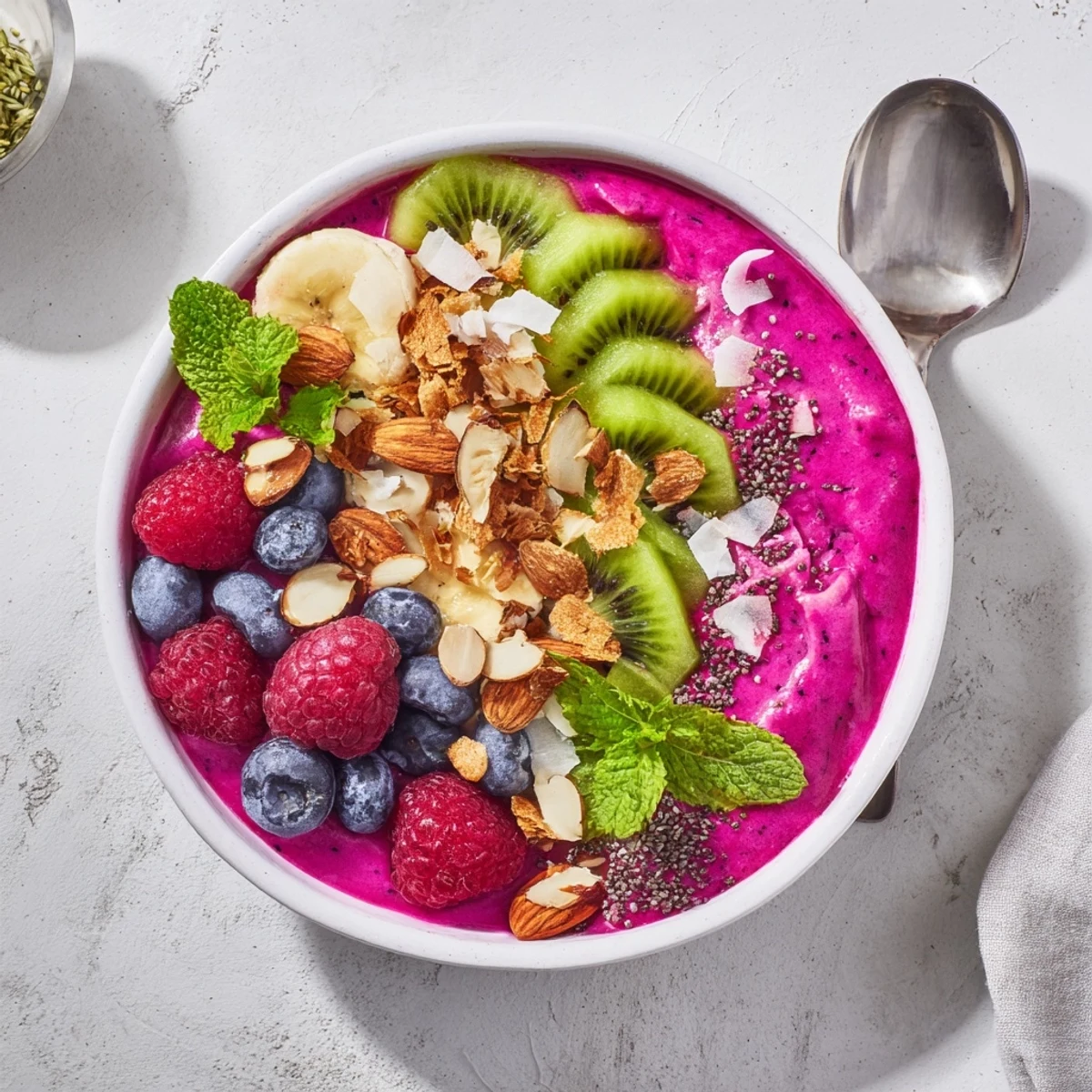 Tropical breakfast smoothie bowl with crunchy coconut almond topping and kiwi slices garnish