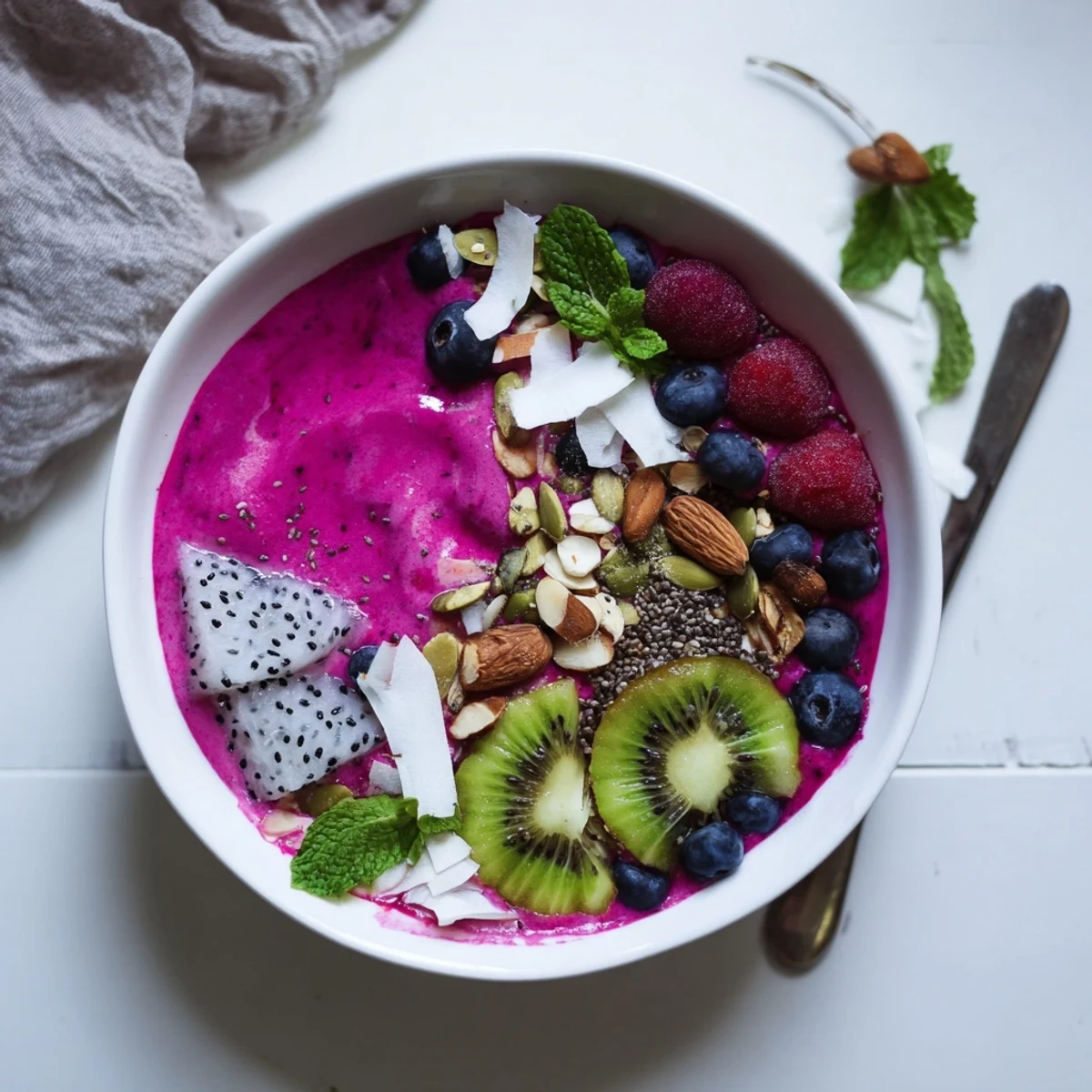 Vibrant pink dragon fruit lime smoothie bowl topped with toasted coconut flakes and fresh berries