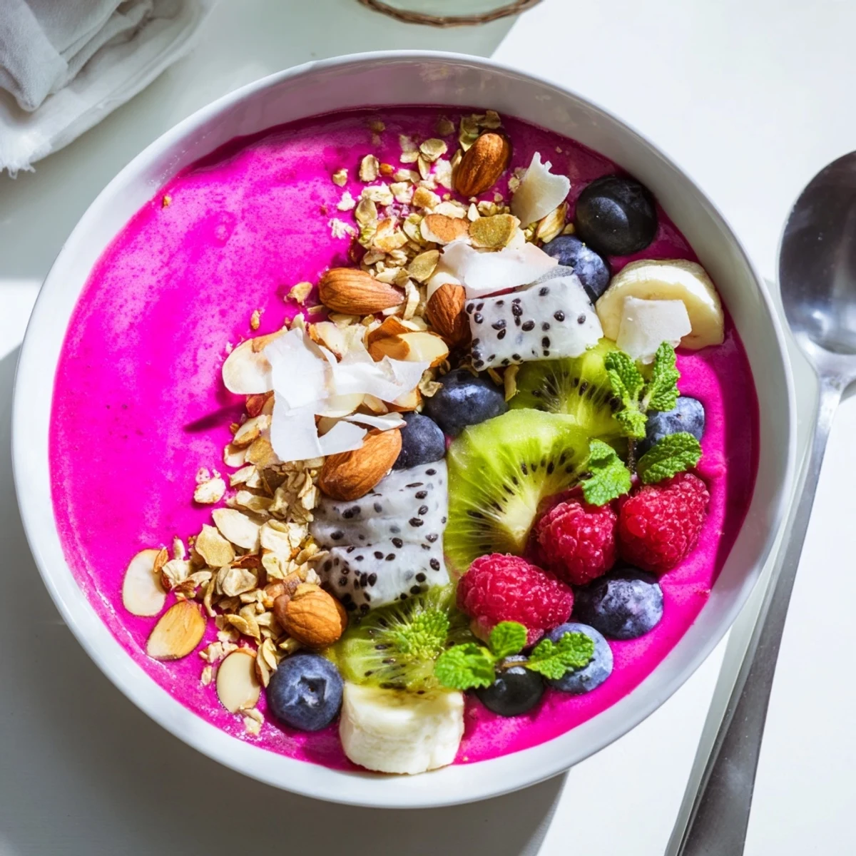 Thick pink pitaya smoothie bowl with lime zest and coconut crunch topping arrangement