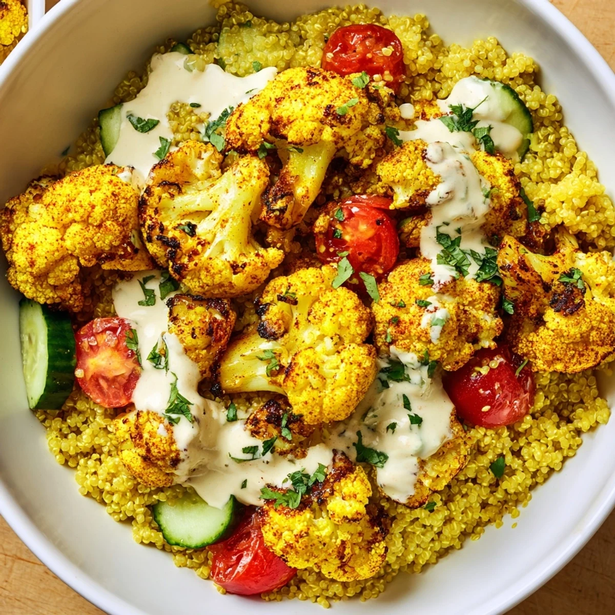Colorful vegetarian grain bowl featuring spiced cauliflower crisp vegetables and tangy tahini sauce