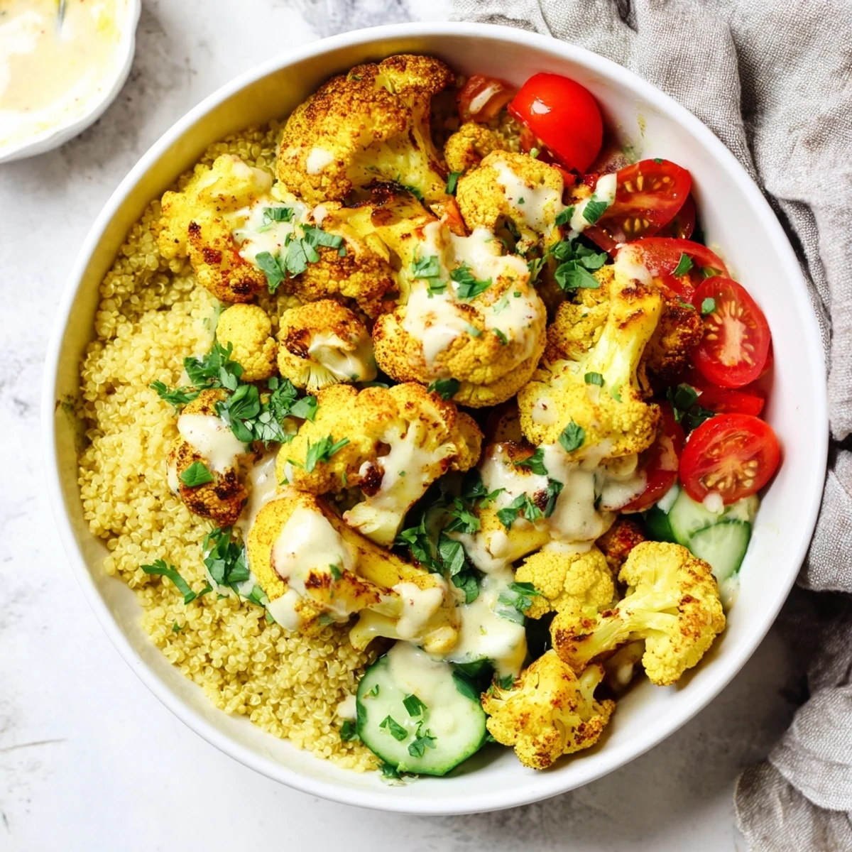 Golden roasted cauliflower and turmeric quinoa bowl drizzled with creamy lemon tahini dressing