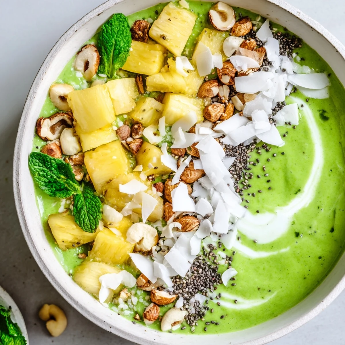 Vibrant pineapple coconut matcha smoothie bowl topped with fresh fruit, coconut flakes, and chopped macadamia nuts