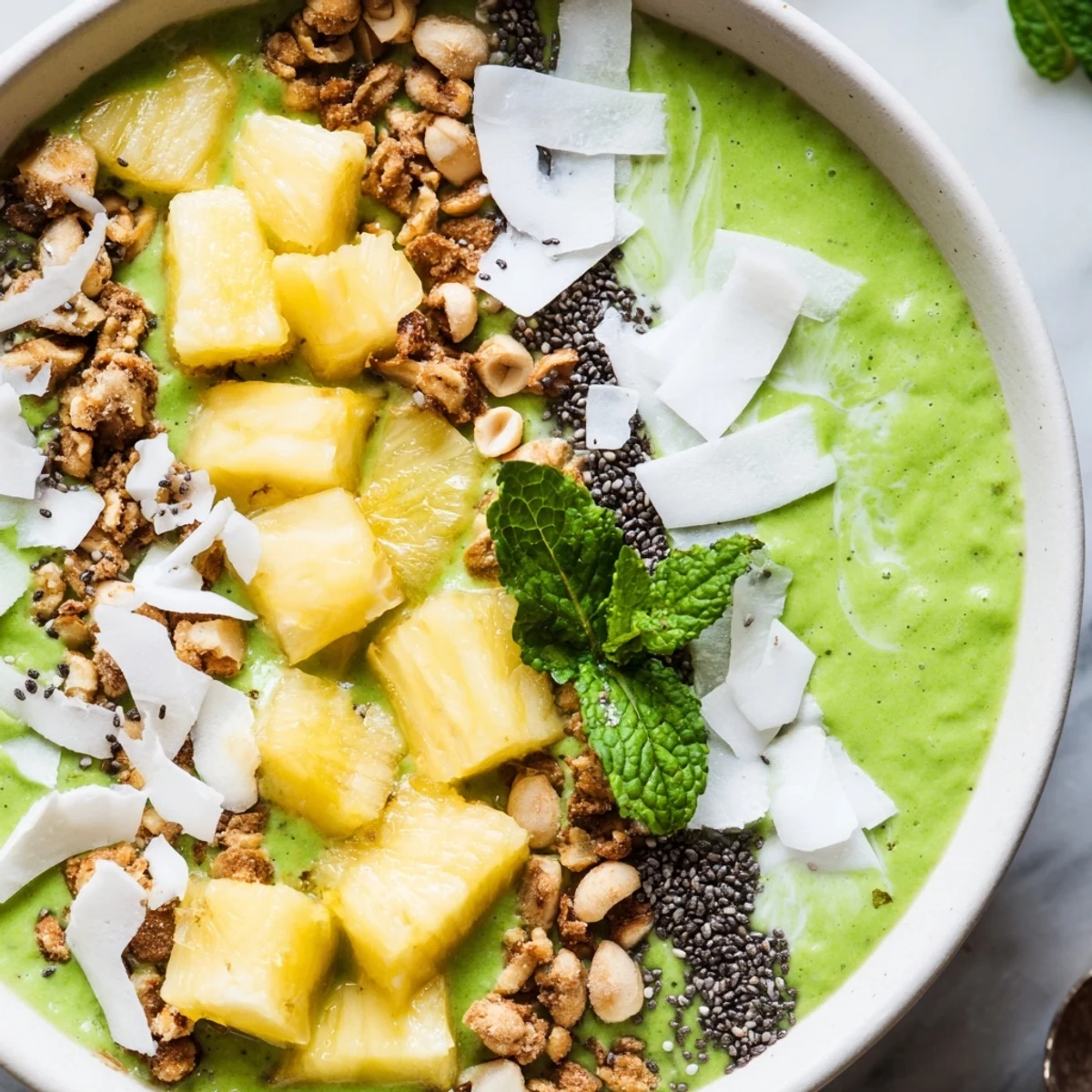 Creamy green matcha breakfast bowl featuring tropical pineapple, coconut milk, and crunchy macadamia nut garnish