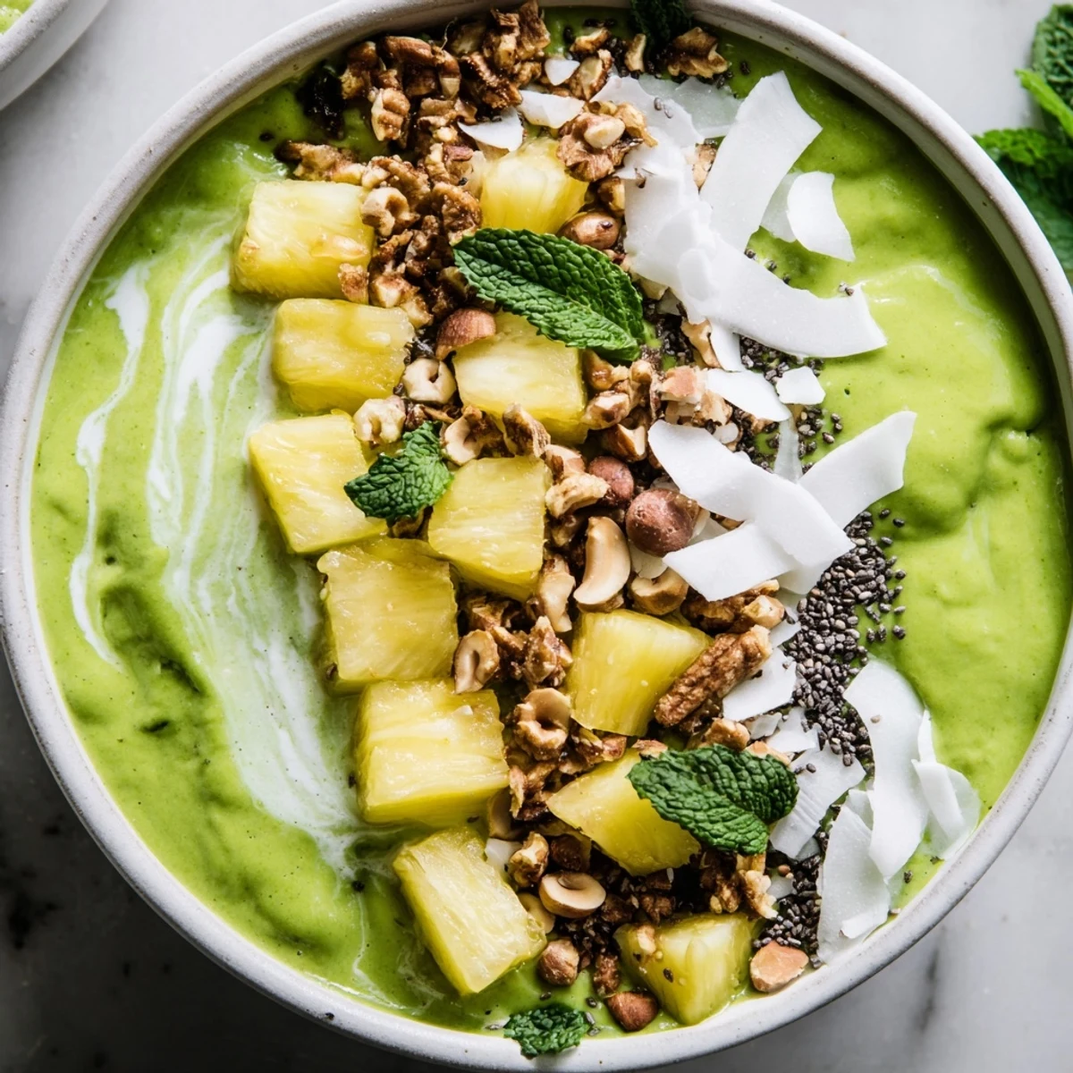 Refreshing smoothie bowl swirling sweet pineapple and earthy matcha under a layer of textured macadamia crunch