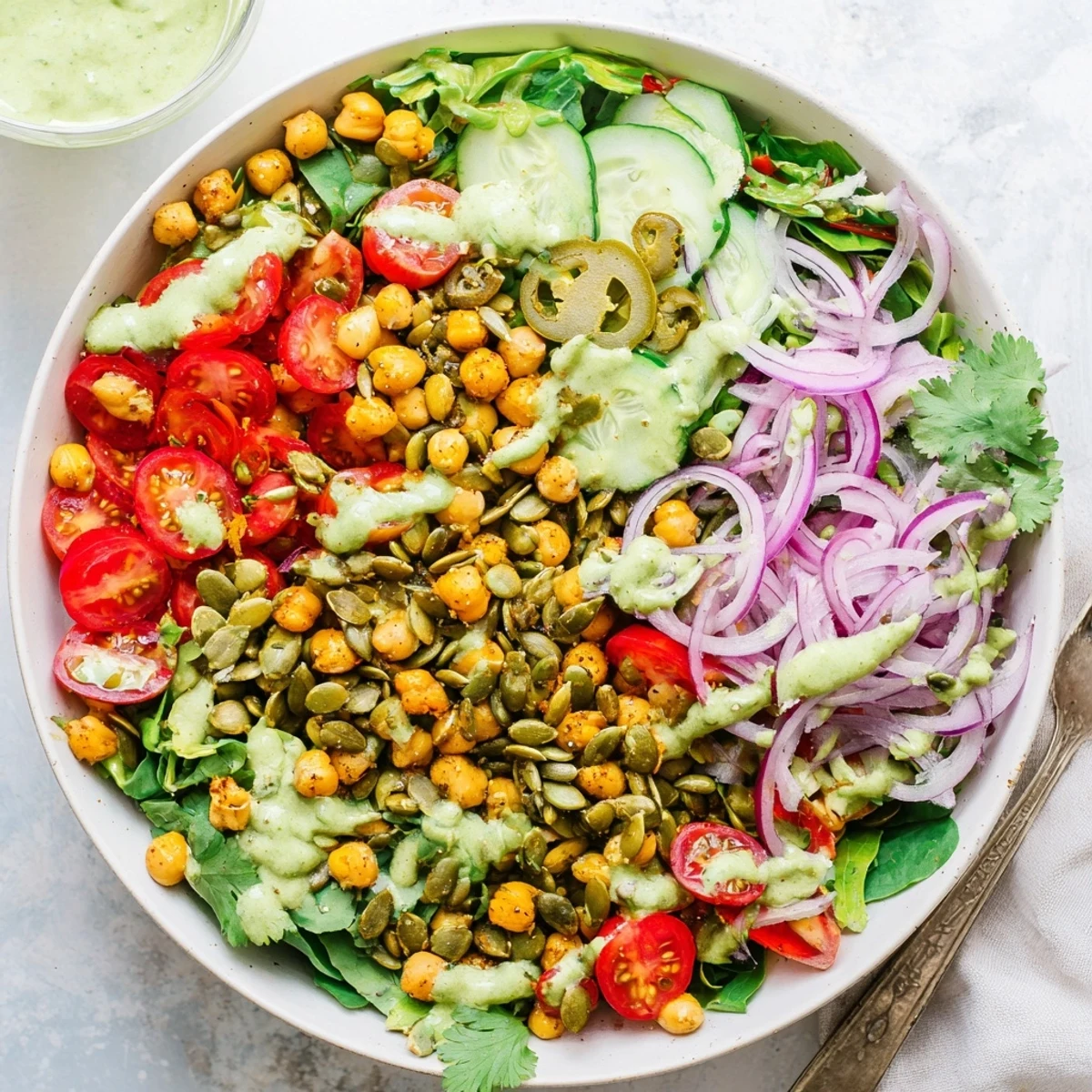 Vibrant green salad featuring creamy avocado lime dressing over chickpeas and crisp mixed vegetables