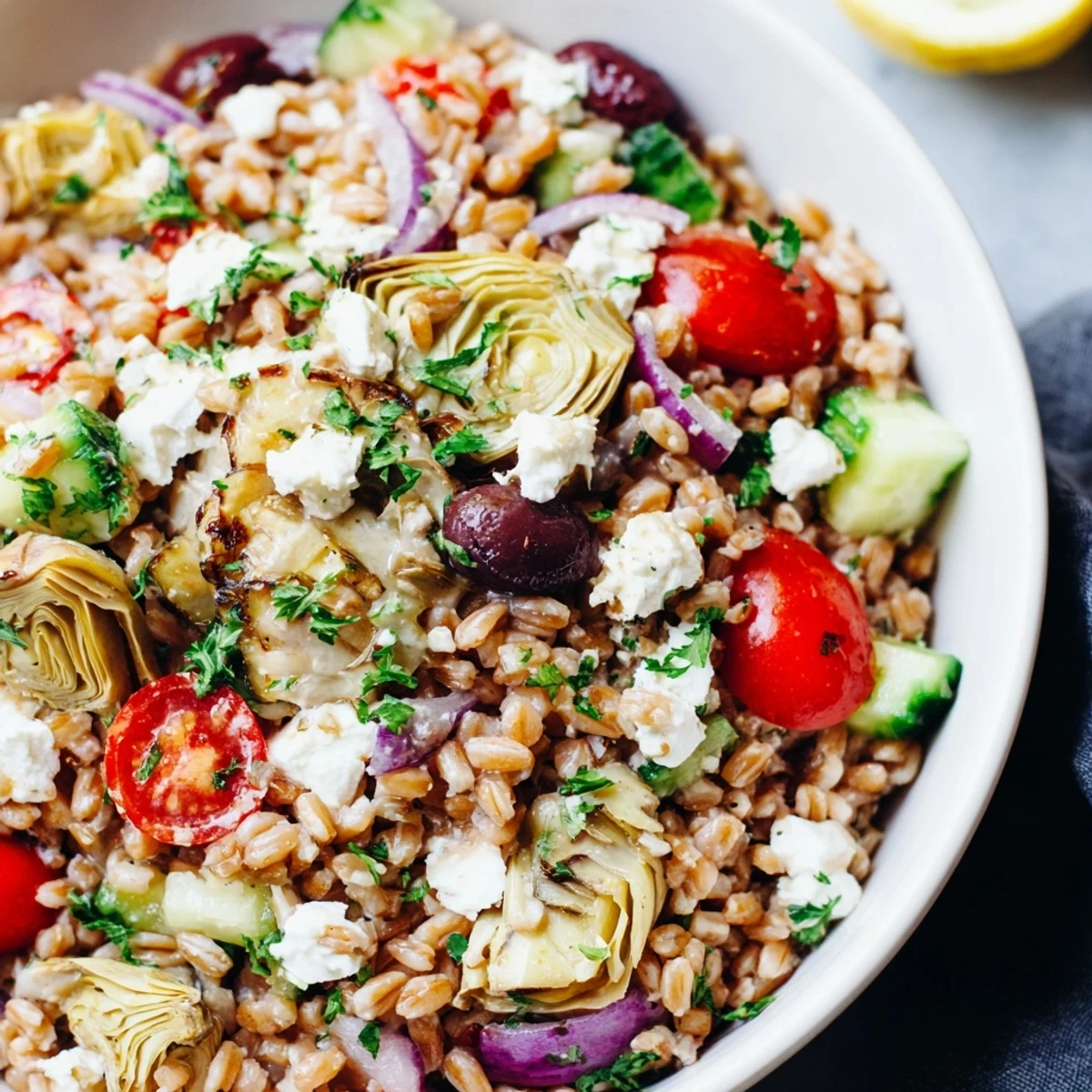 Wholesome Mediterranean roasted artichoke farro bowl with cherry tomatoes, olives, and tangy feta topping