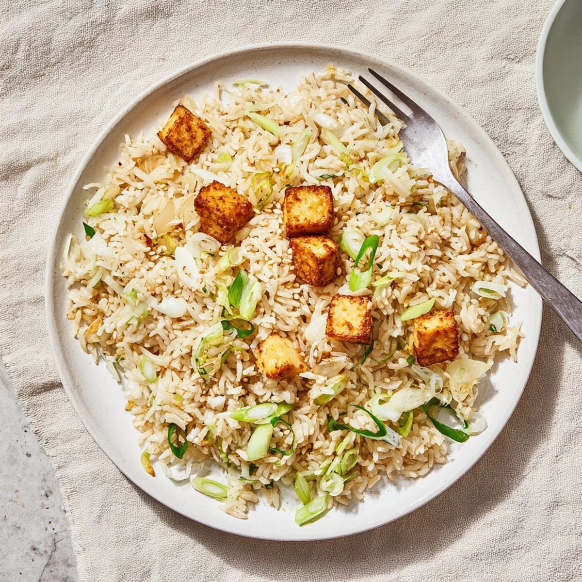 Close up of golden brown fried tofu pieces resting over savory Asian style rice
