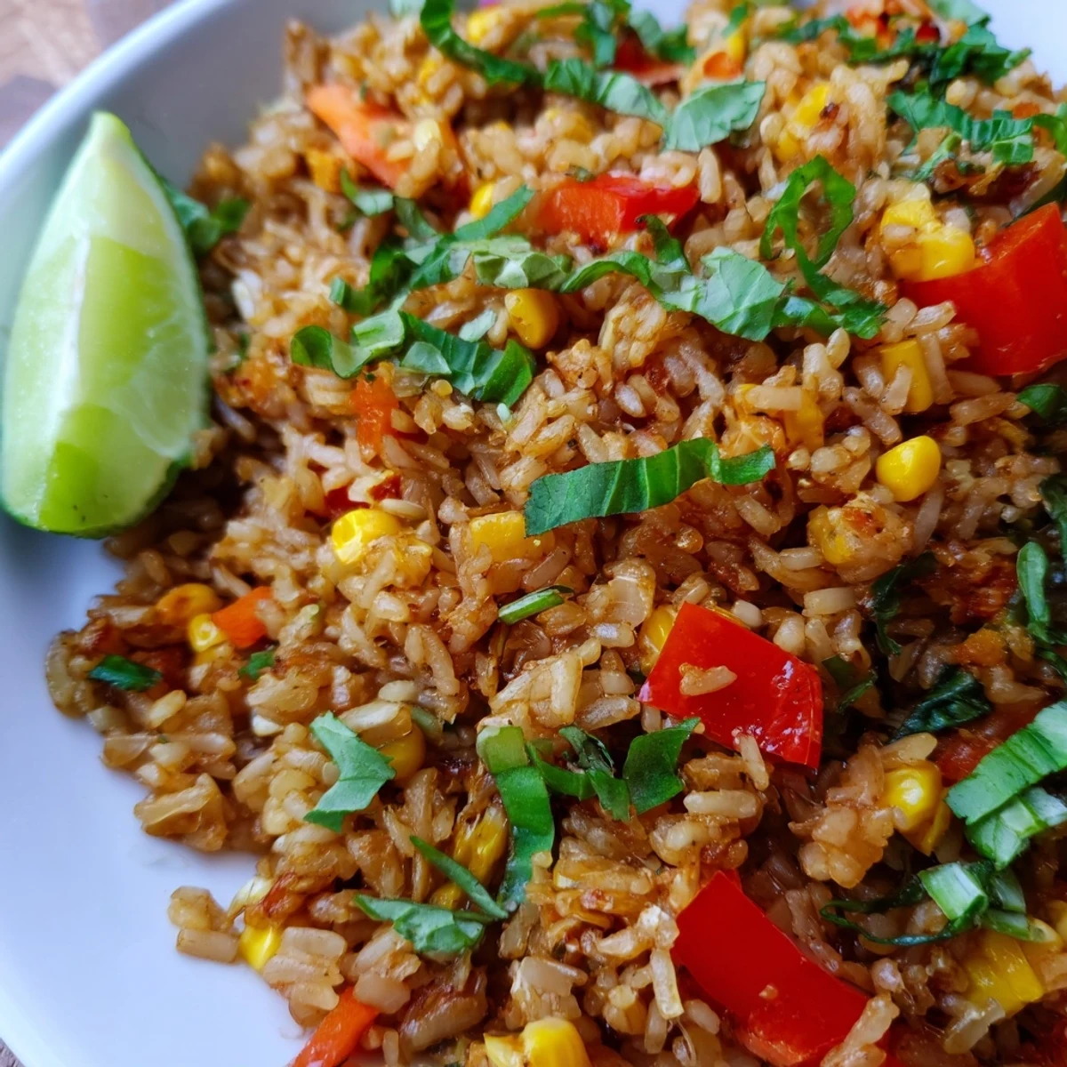 Colorful bowl of chili lime corn fried rice topped with fresh cilantro and basil garnish