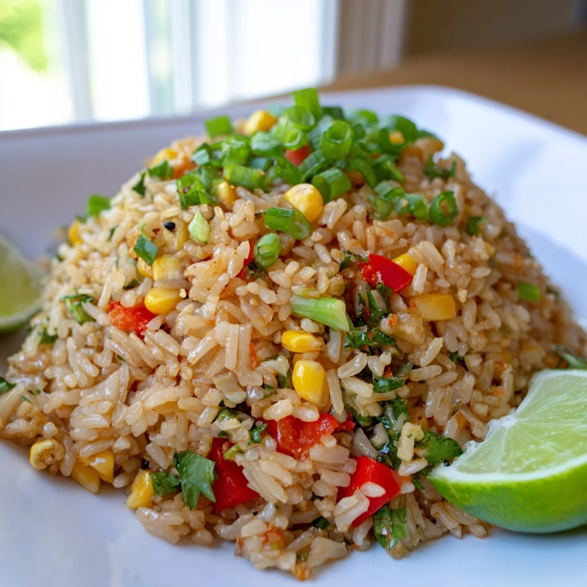 Vibrant vegetarian fried rice featuring sweet corn red peppers and zesty chili lime seasoning