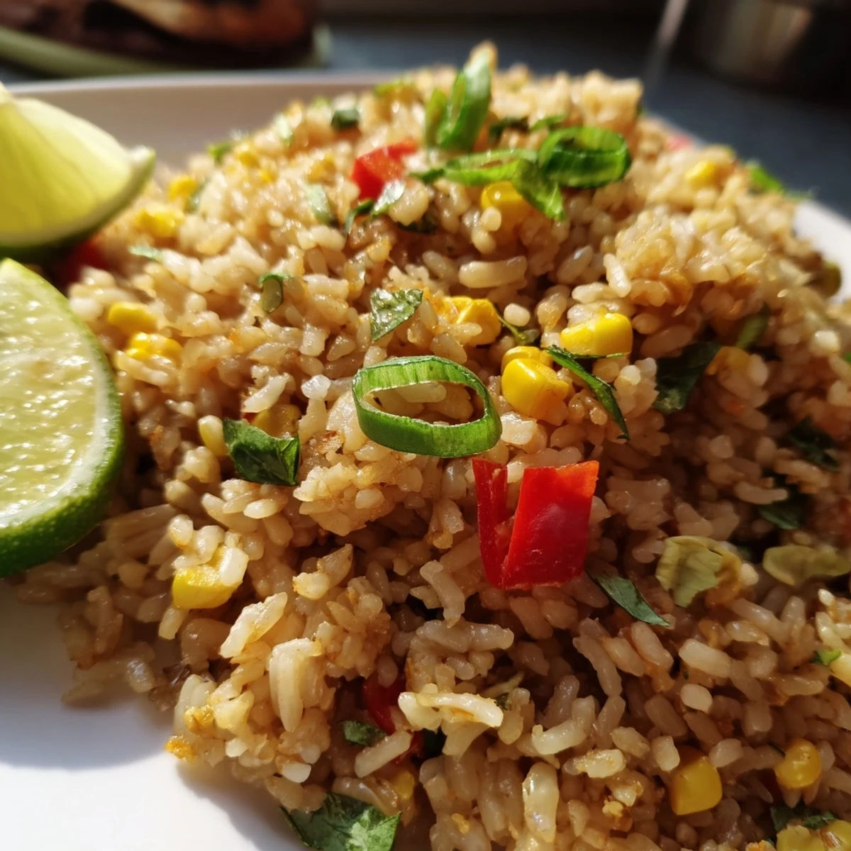 Close-up of Asian-inspired corn fried rice with green onions fresh herbs and lime wedges