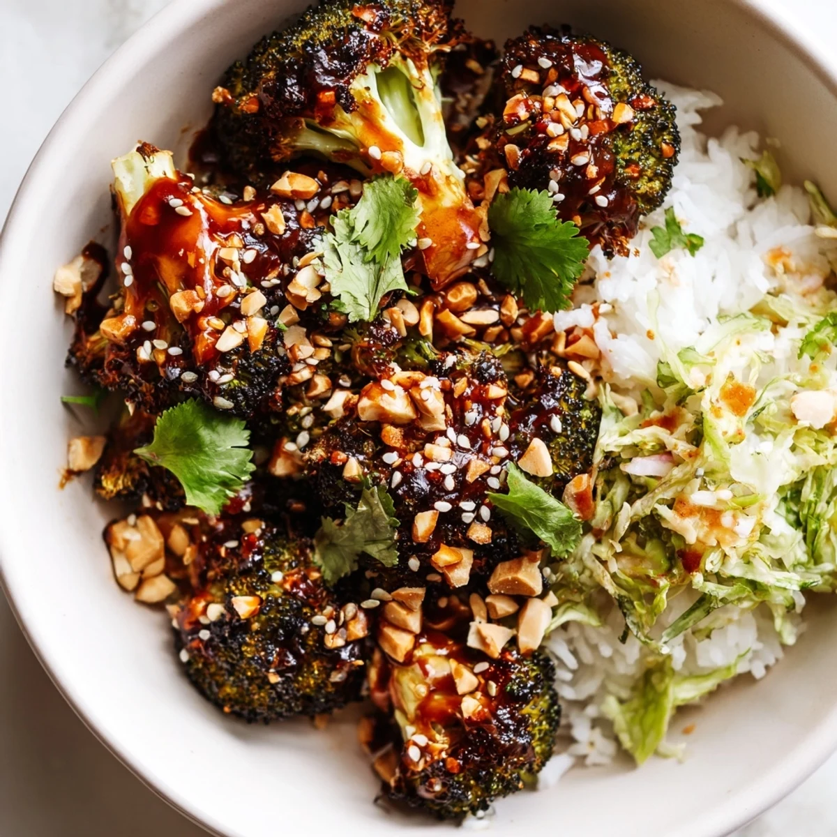 Vibrant veggie bowl topped with zesty lime slaw, crunchy peanuts, and creamy peanut dressing