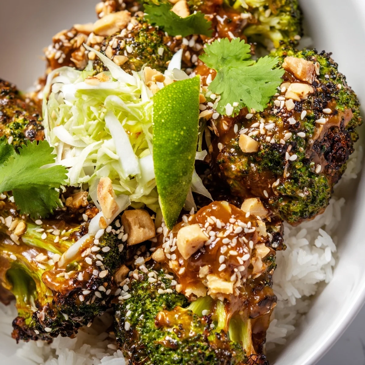 Golden roasted broccoli and colorful vegetables drizzled with spicy peanut sauce over fluffy rice