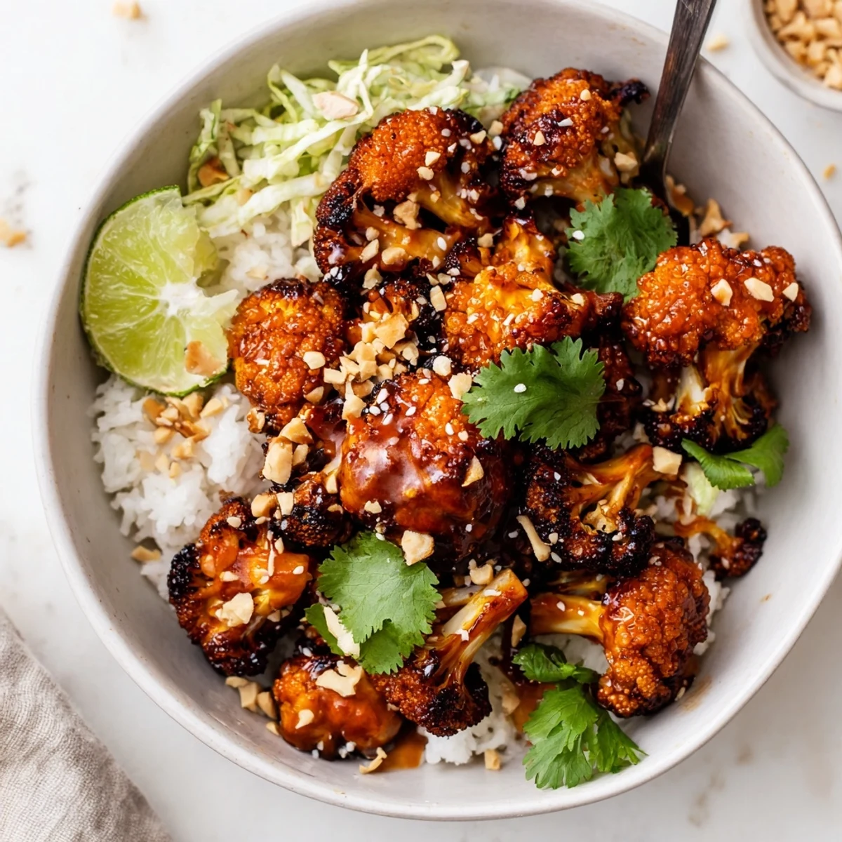 Close-up of spicy peanut roasted broccoli bowl with fresh lime slaw and sesame seed garnish