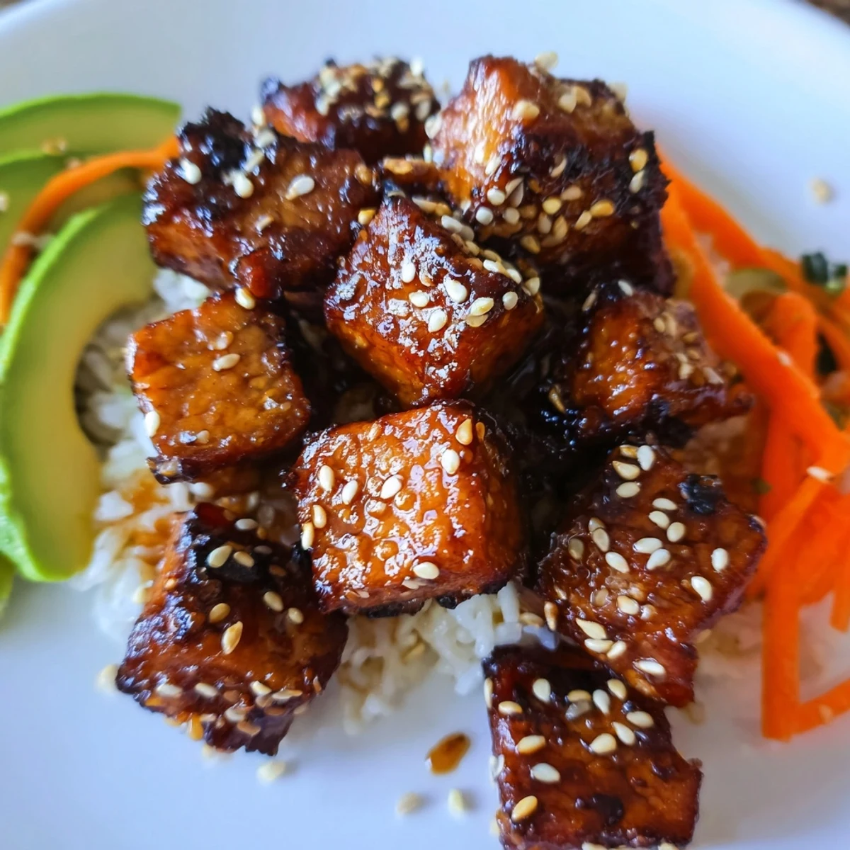 Golden caramelized miso sesame tempeh cubes glazed with sticky sauce atop fluffy jasmine rice