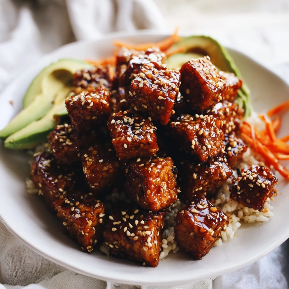 Vegan bowl topped with sticky miso tempeh pickled cucumbers avocado and crisp red cabbage