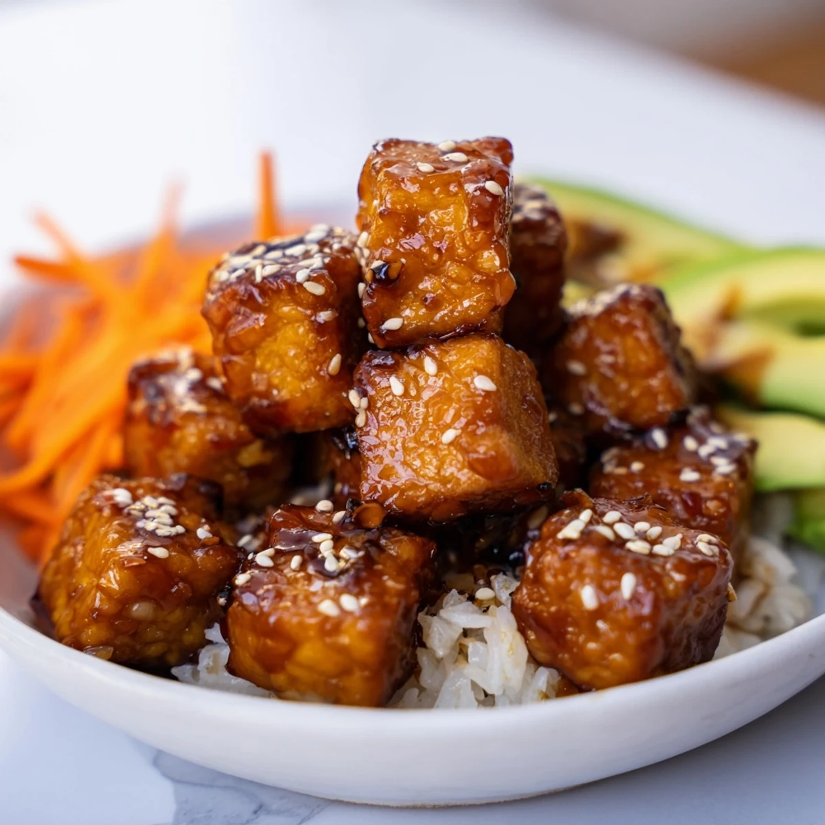 Close up of miso glazed tempeh bowl with tangy cucumbers fresh herbs and sesame