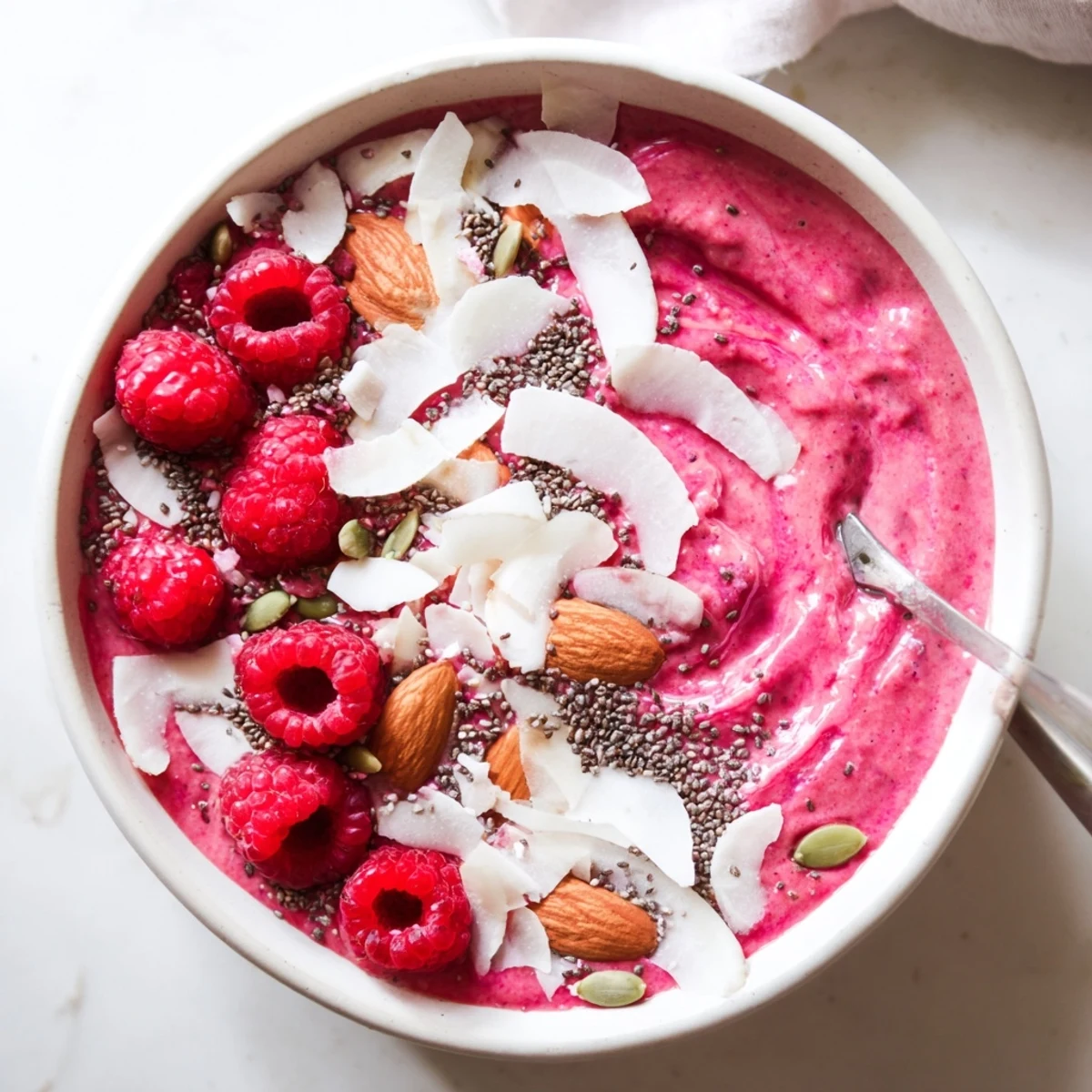 Vibrant pink smoothie bowl with coconut flakes sliced almonds and chia sprinkle for breakfast