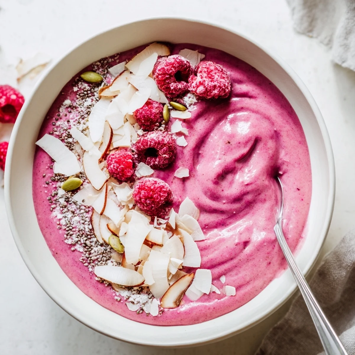 Creamy raspberry coconut almond smoothie bowl topped with crunchy chia seeds and fresh berries