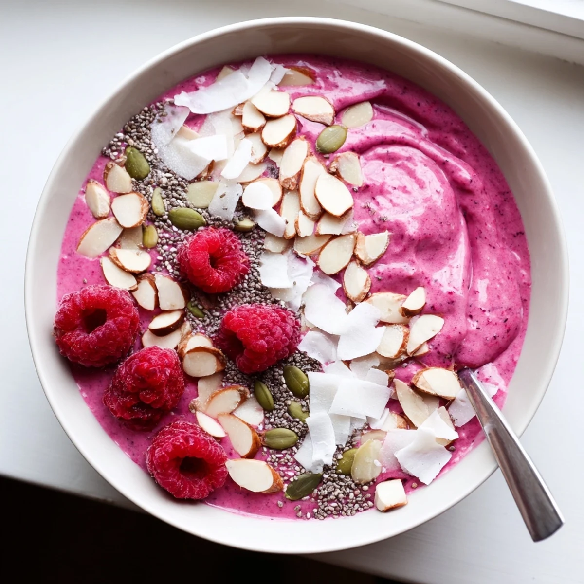 Thick raspberry smoothie bowl featuring almond butter coconut flakes and crunchy chia seed topping