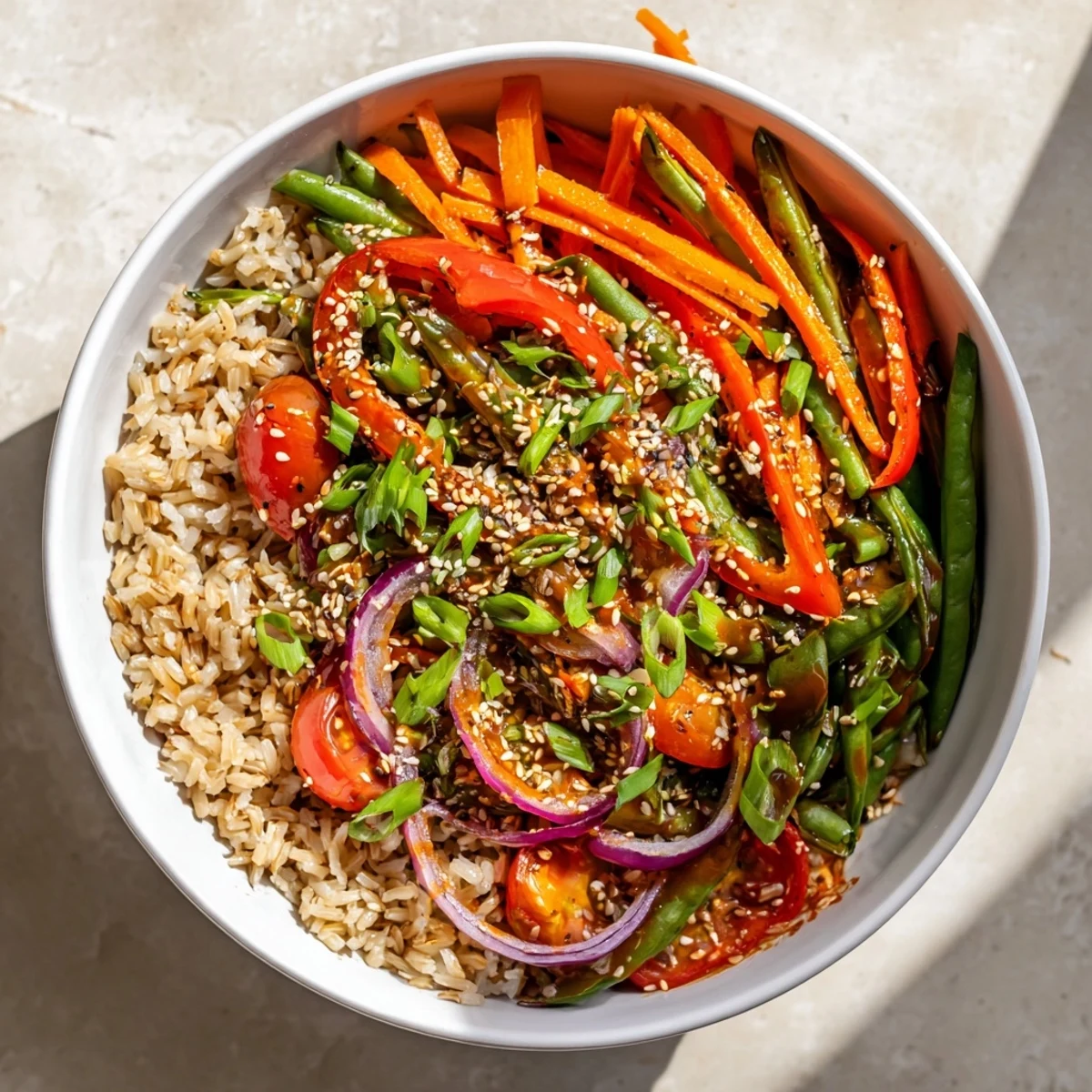 Spicy garlic roasted green bean veggie bowl with sesame features colorful roasted vegetables tossed in a glossy spicy sauce and topped with sesame seeds.