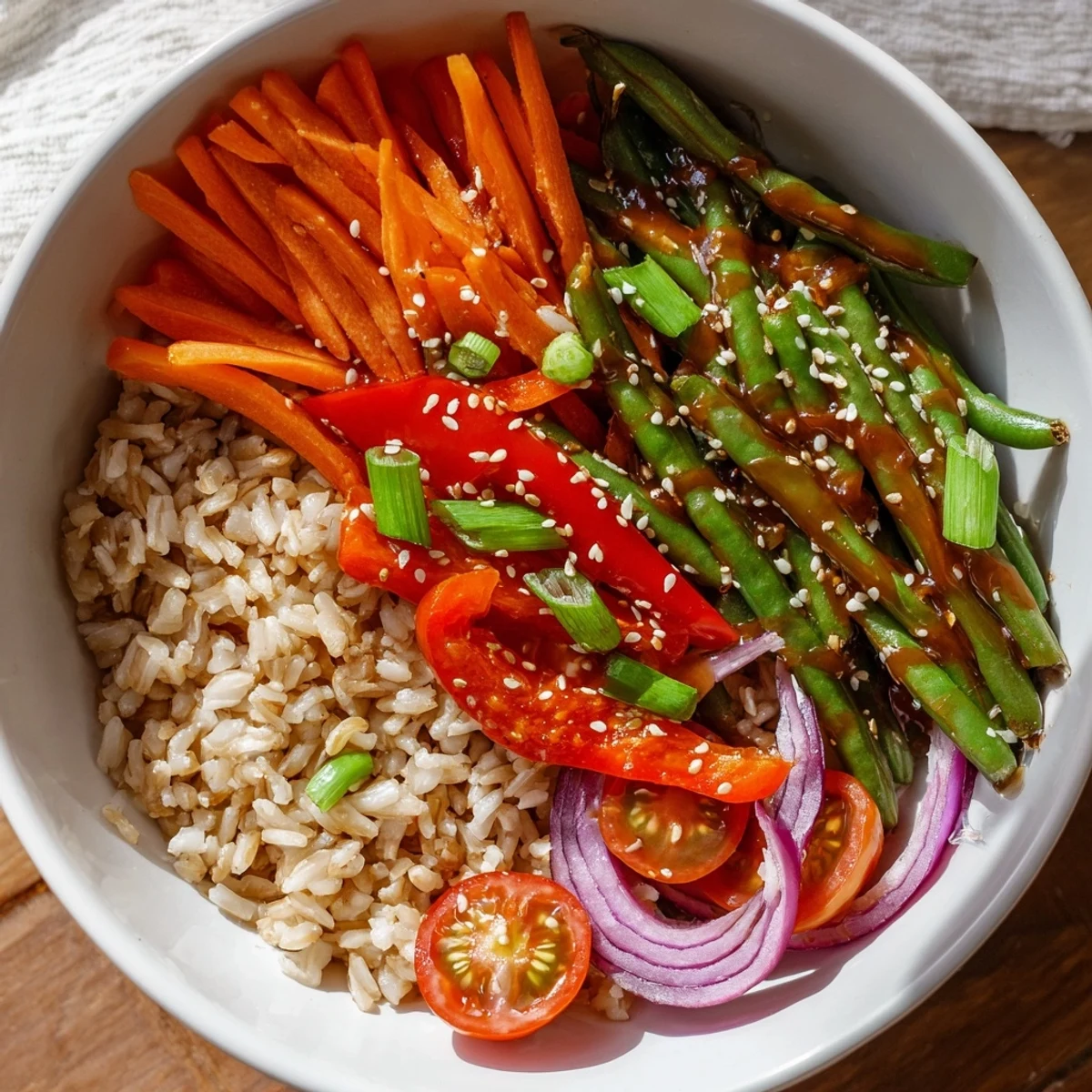 Vibrant veggie bowl showcasing spicy garlic roasted green beans with crisp red bell pepper and cherry tomatoes garnished with green onions.