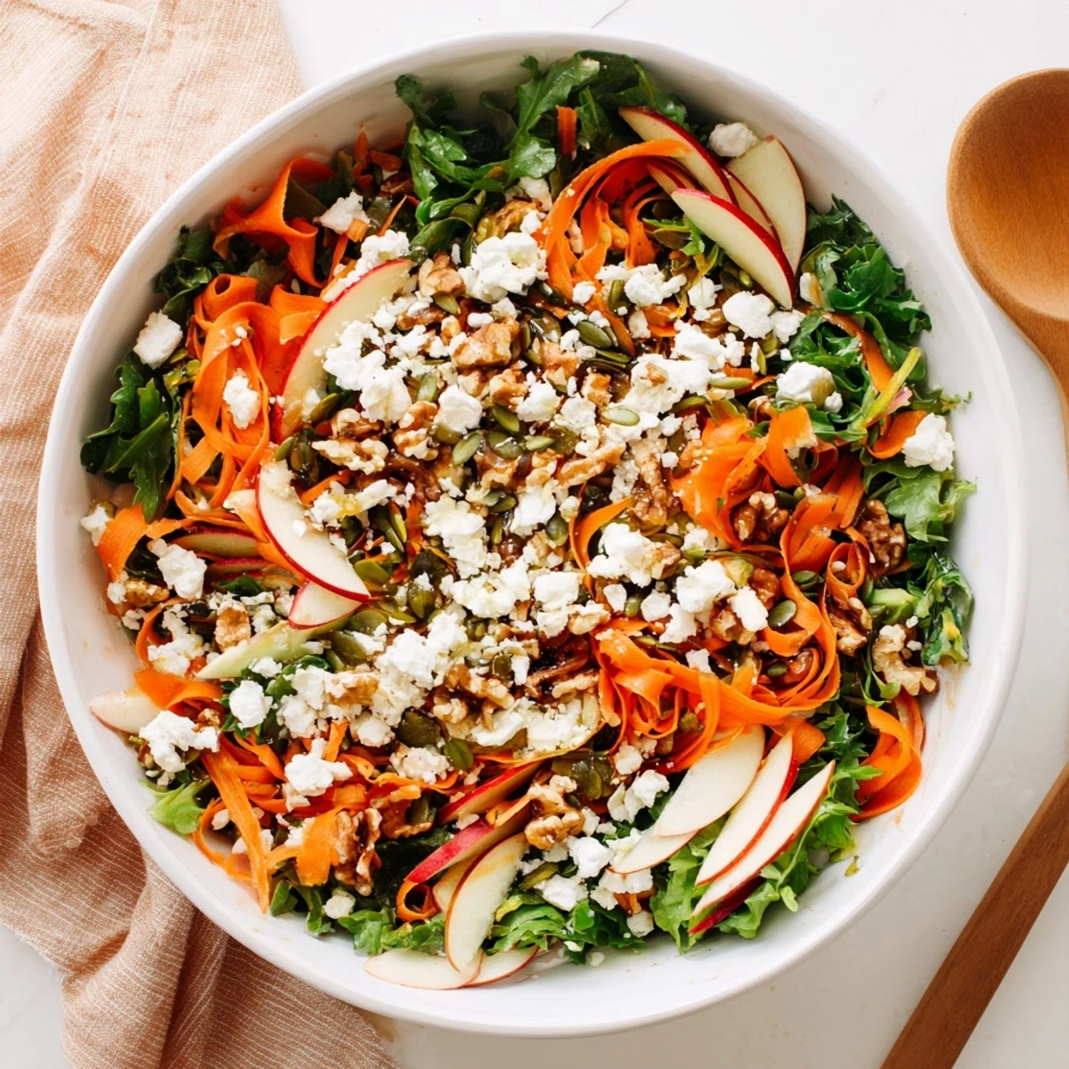 Colorful carrot apple salad with toasted walnuts and sweet maple dressing drizzle