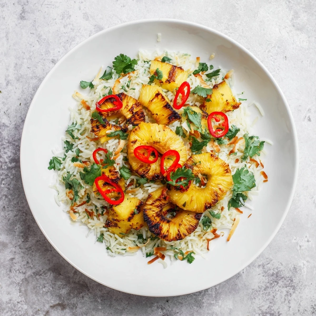 Fluffy coconut lime basmati rice topped with sweet caramelized charred pineapple pieces