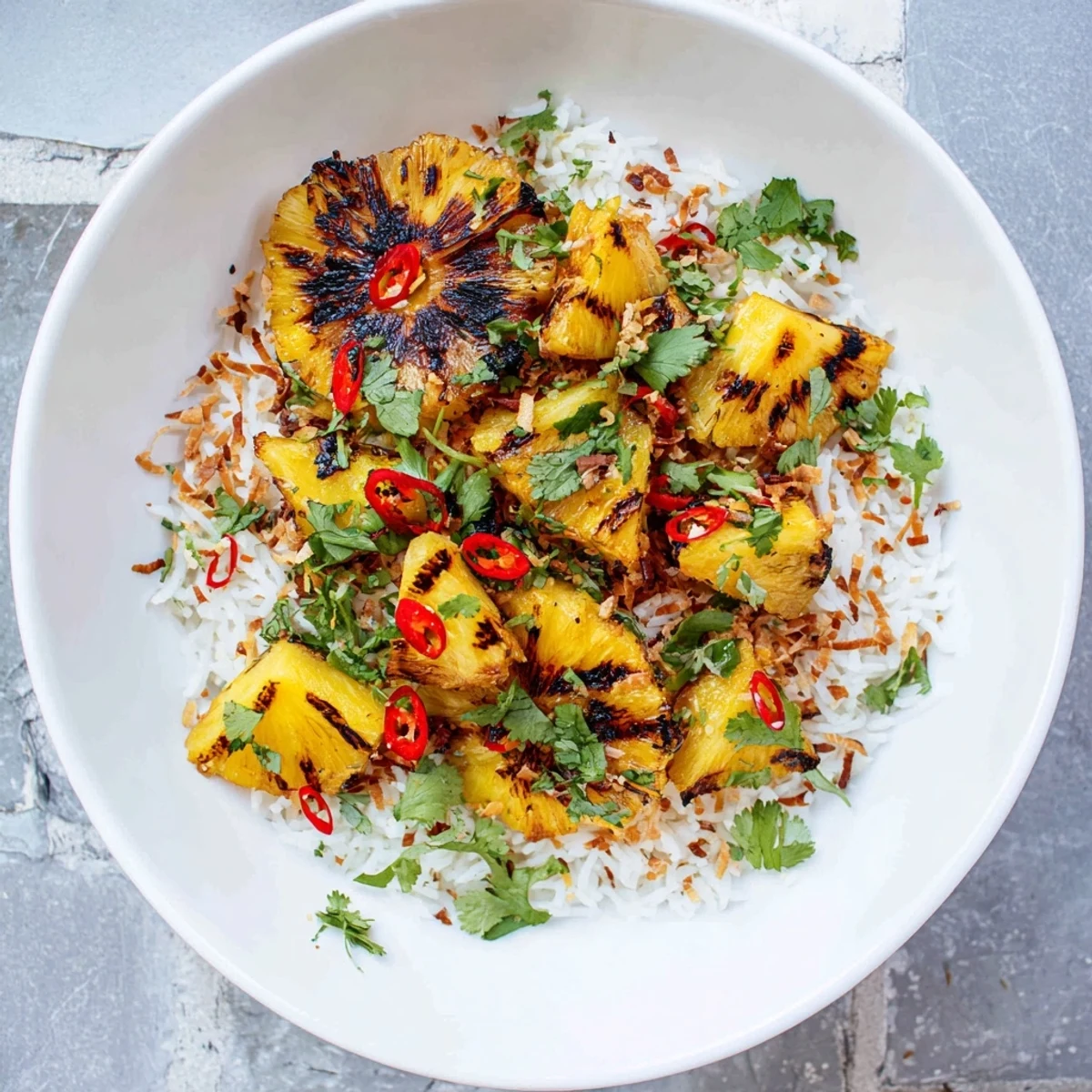 Tropical basmati rice dish with zesty lime and juicy charred pineapple garnish