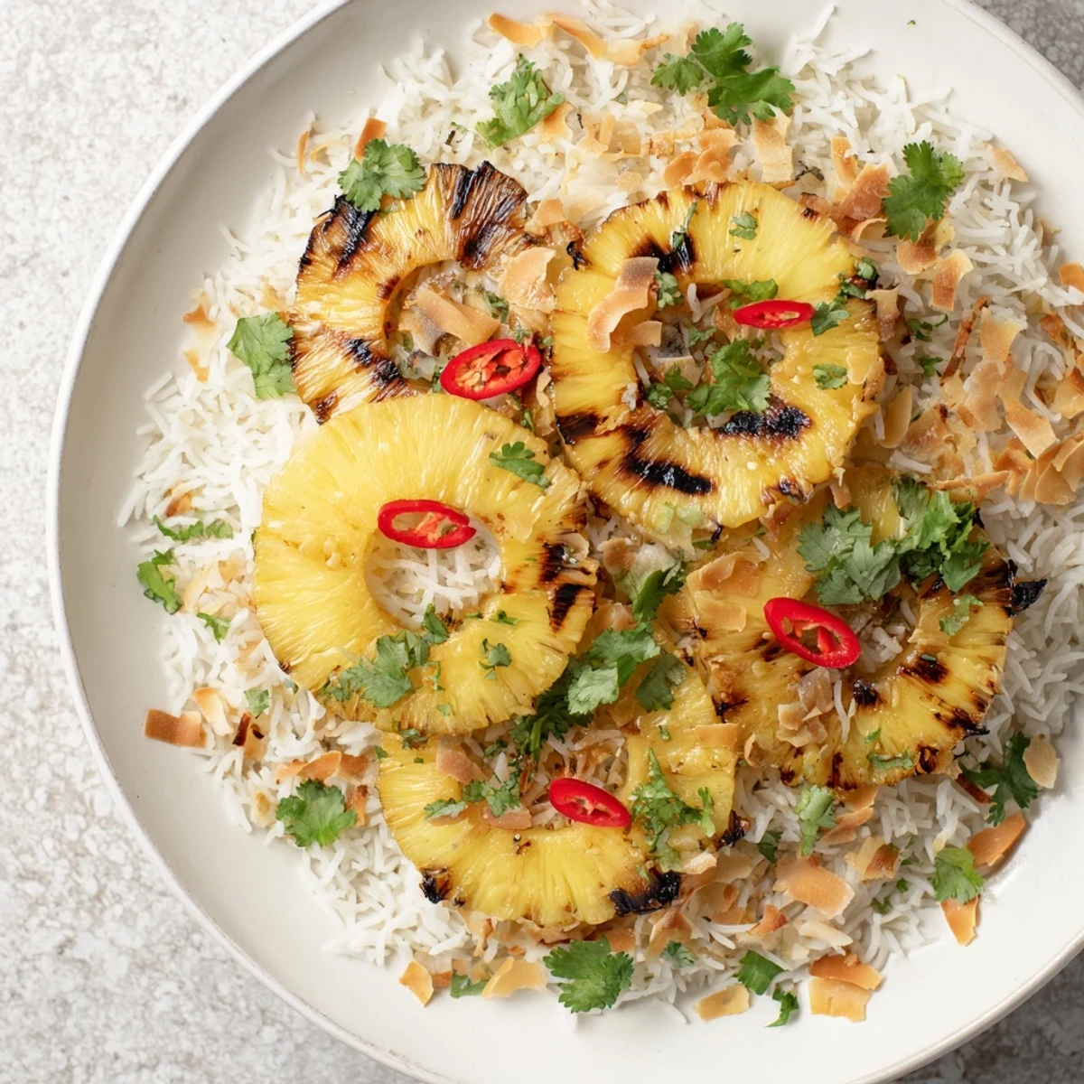 Vibrant bowl of fragrant coconut rice studded with grilled pineapple and fresh cilantro