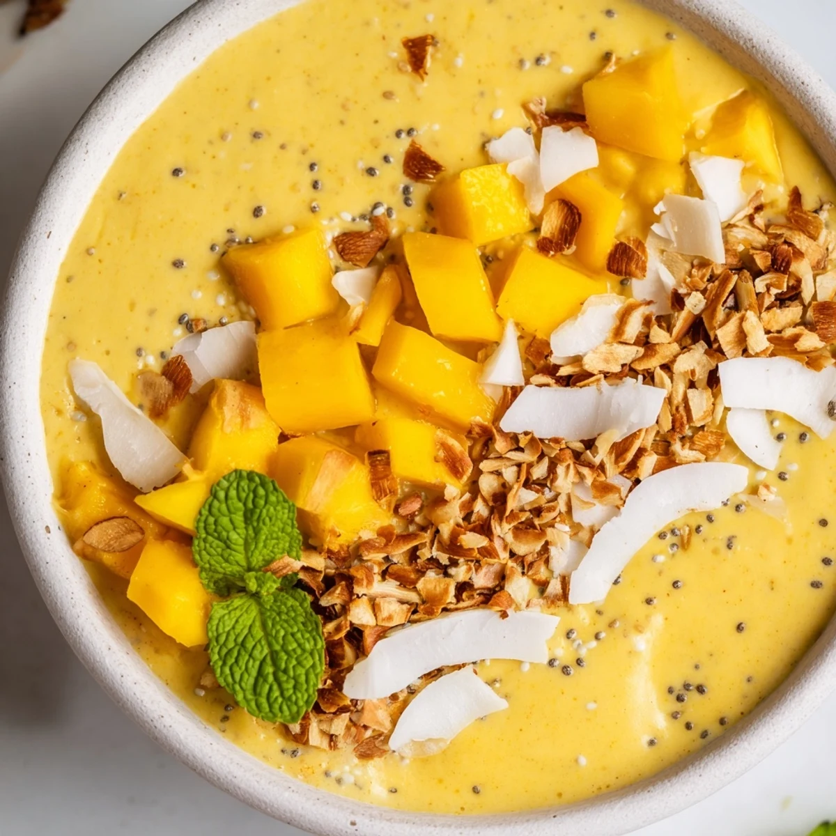 Vibrant tropical smoothie bowl with mango coconut base sprinkled with crunchy toasted almond slices