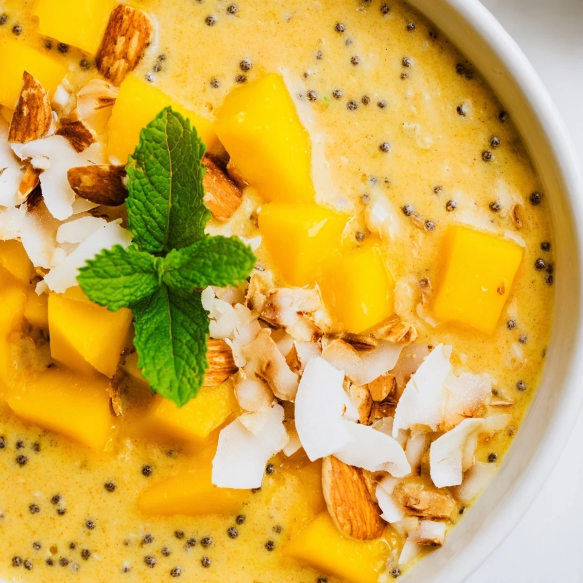 Thick mango coconut chia smoothie in a bowl garnished with toasted almonds and coconut flakes