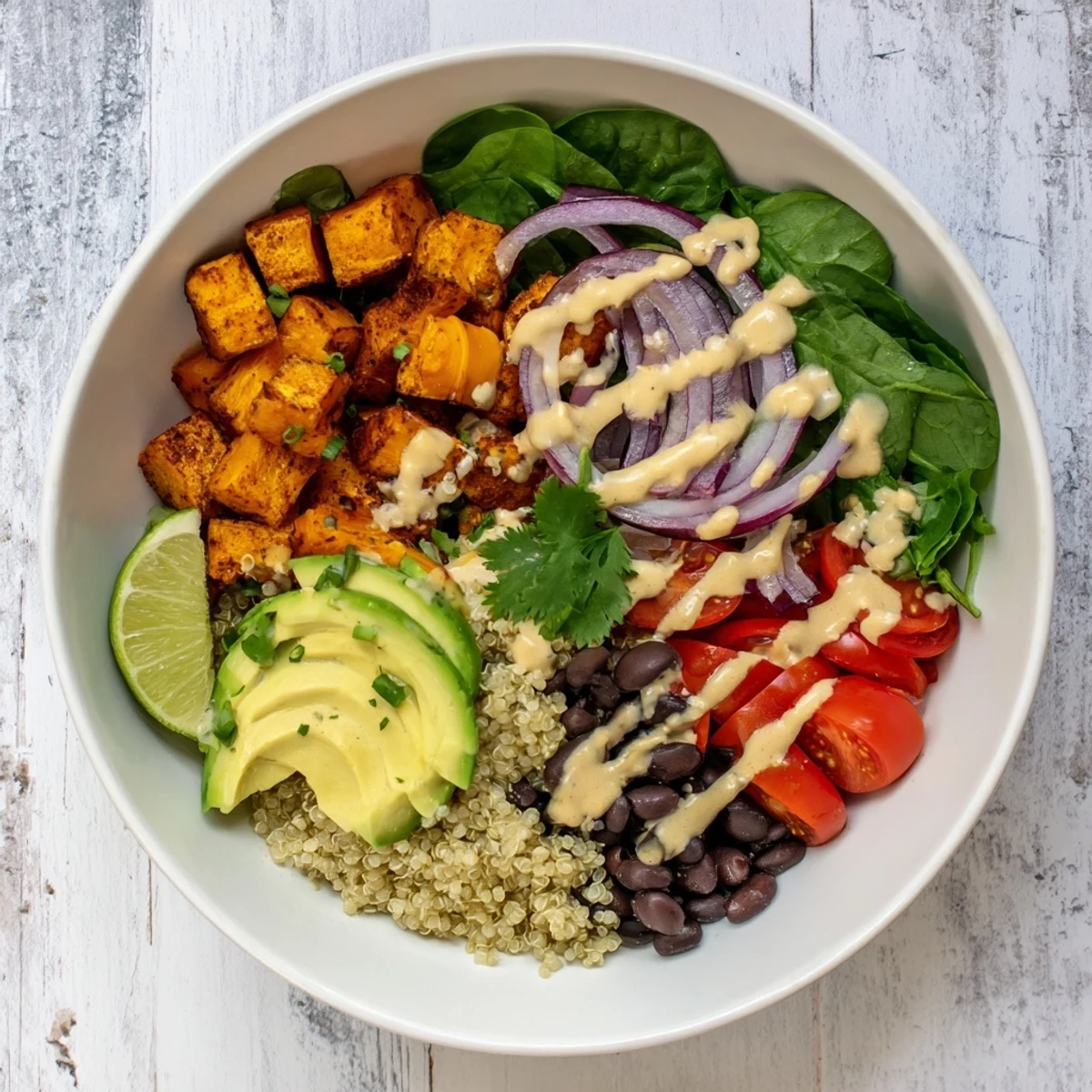 Colorful roasted sweet potato black bean quinoa grain bowl topped with smoky chipotle crema drizzle