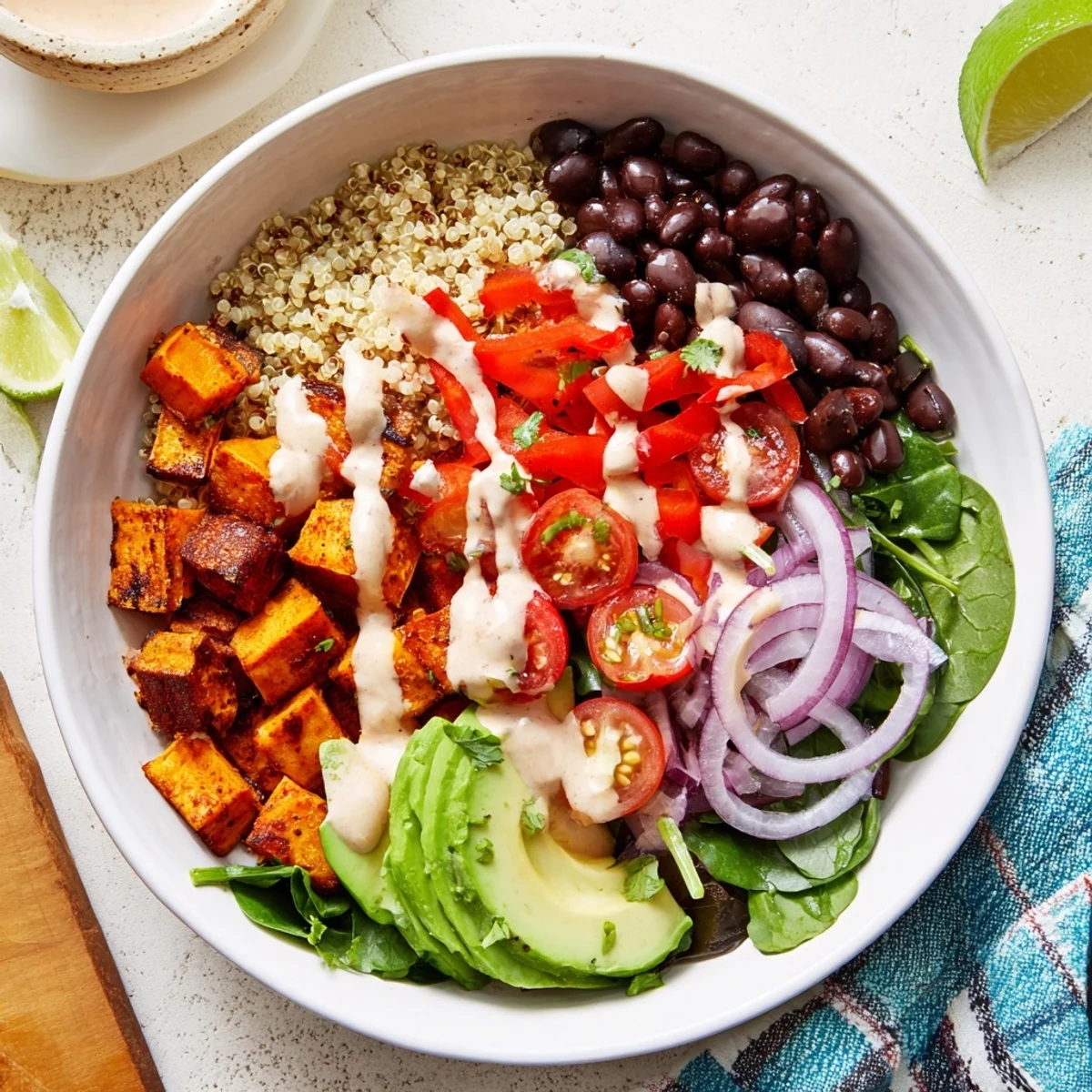 Hearty vegetarian grain bowl featuring roasted sweet potatoes black beans quinoa and creamy chipotle sauce