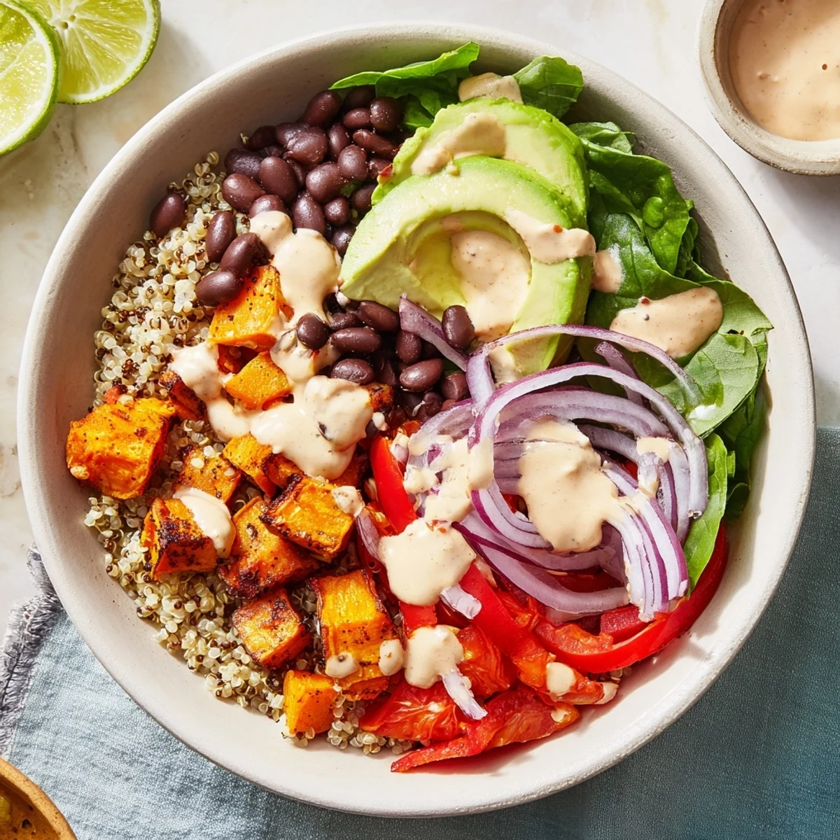 Vibrant bowl of fluffy quinoa roasted sweet potatoes black beans with tangy chipotle crema drizzled on top