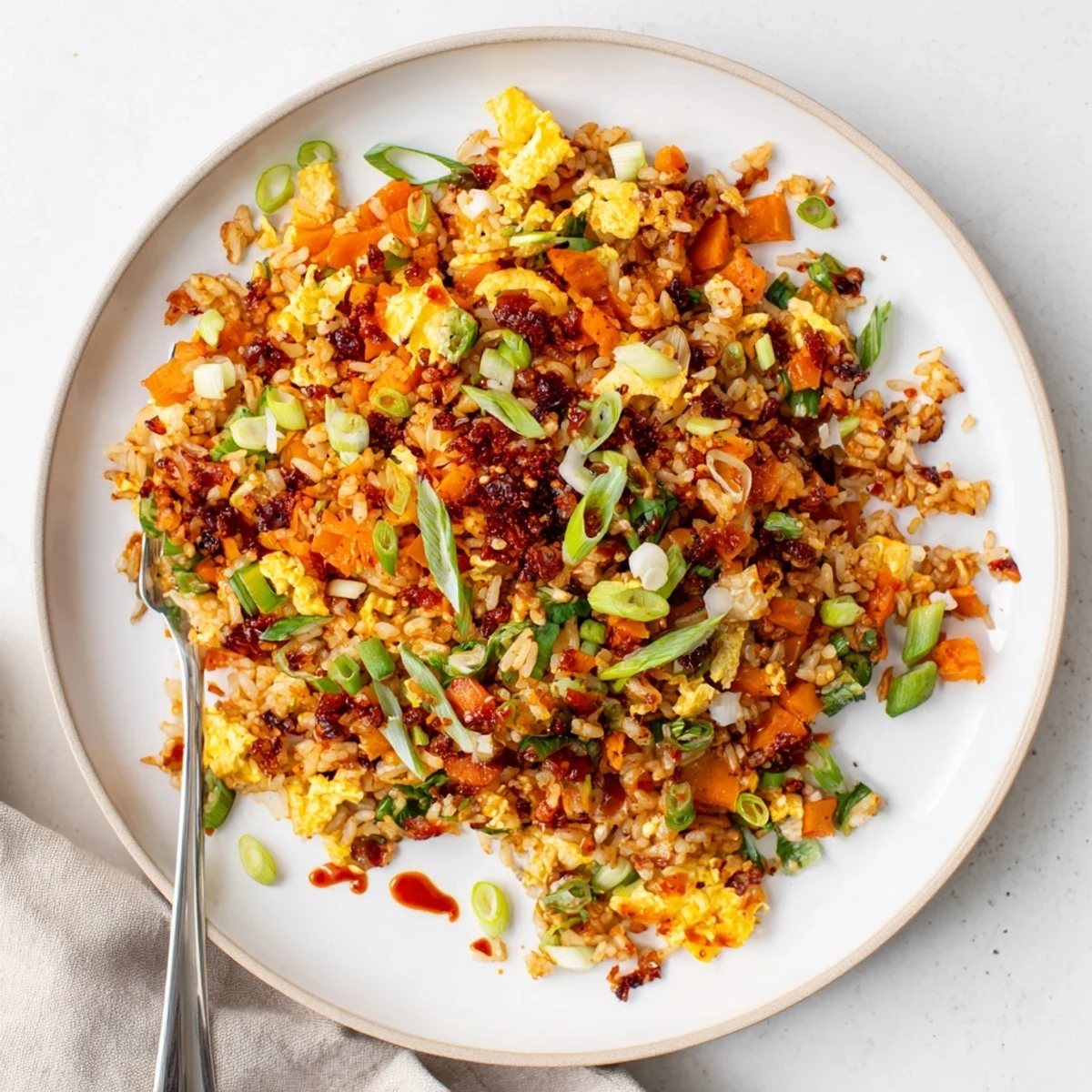 Vibrant Korean fusion fried rice featuring tangy fermented kimchi and crispy chili oil garnished with sliced scallions