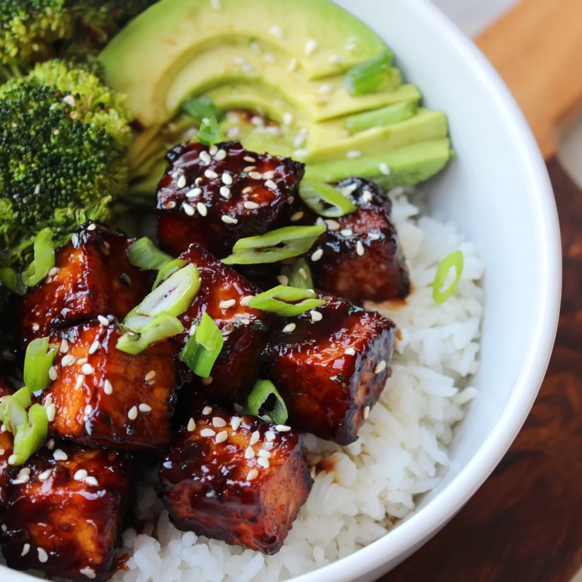 Vegan bowl with crispy teriyaki tempeh steamed broccoli and sesame seed garnish
