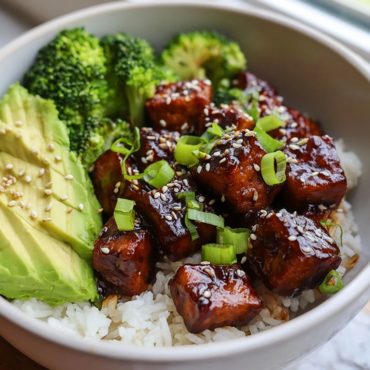 Plant-based sticky teriyaki tempeh bowl featuring vibrant broccoli and sliced avocado toppings