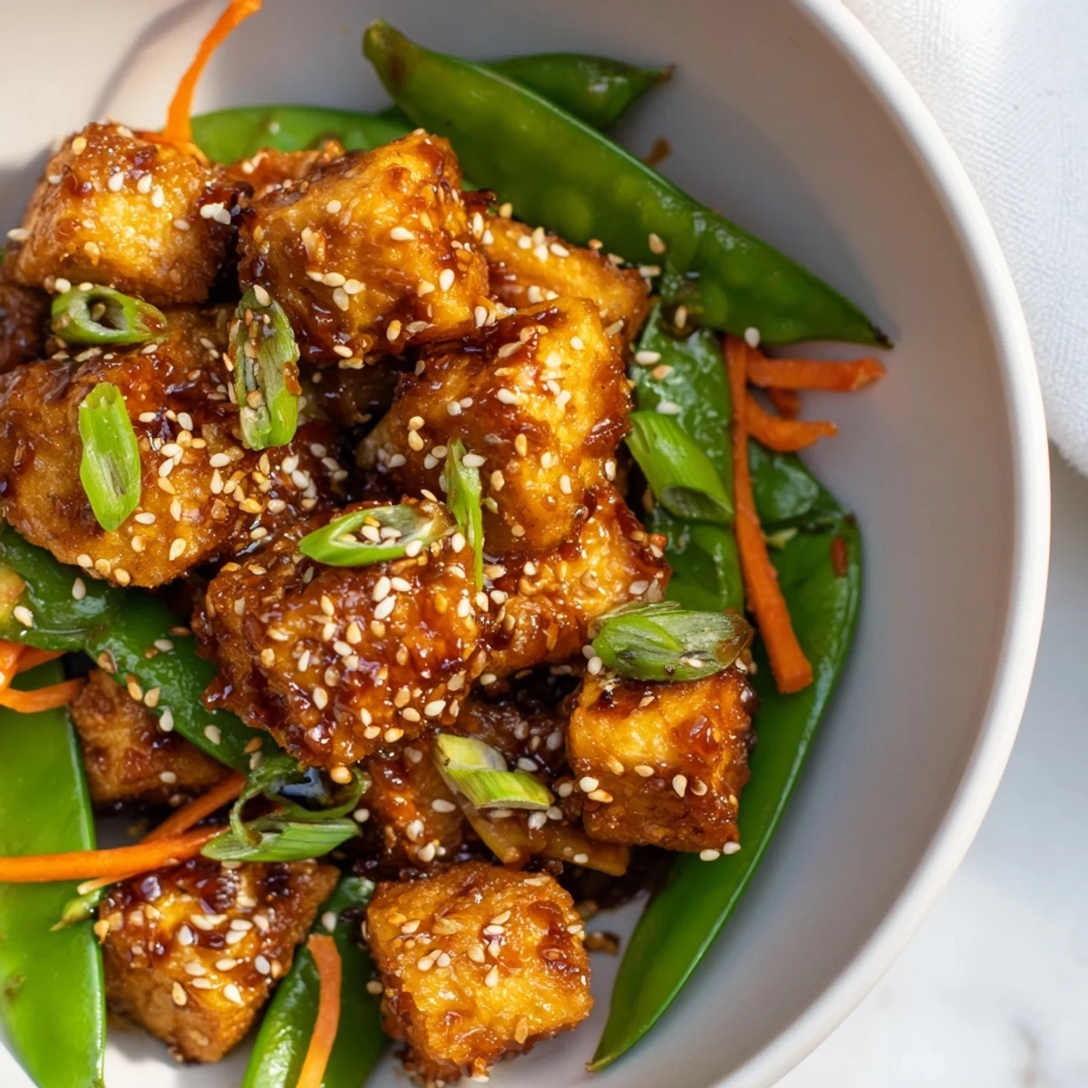 Golden crispy tofu cubes glazed in shiny sticky maple soy sauce over fluffy white rice with bright green sesame snap peas and fresh vegetable garnishes