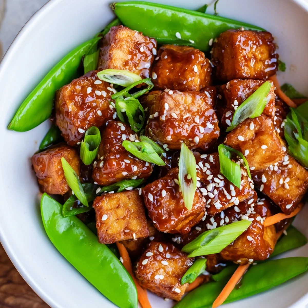 Vegan bowl featuring caramelized maple soy tofu arranged beside vibrant snap peas in a sesame seed coating with julienned carrots and sliced green onions