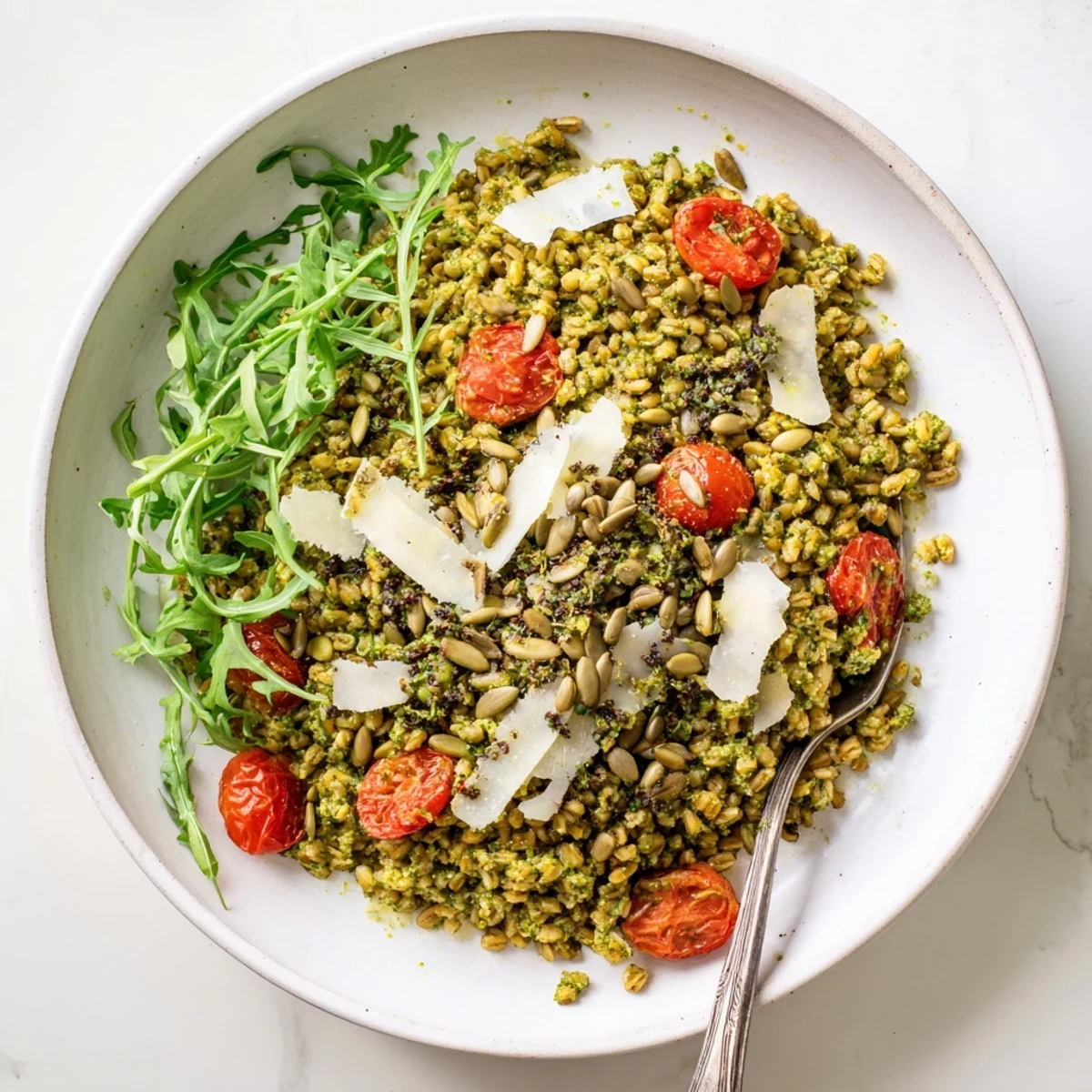 Wholesome roasted pumpkin seed pesto farro bowl topped with fresh arugula and colorful halved tomatoes