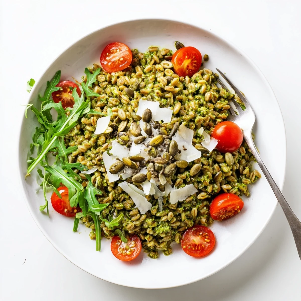Golden farro grain bowl coated in vibrant green pumpkin seed pesto with juicy red cherry tomatoes