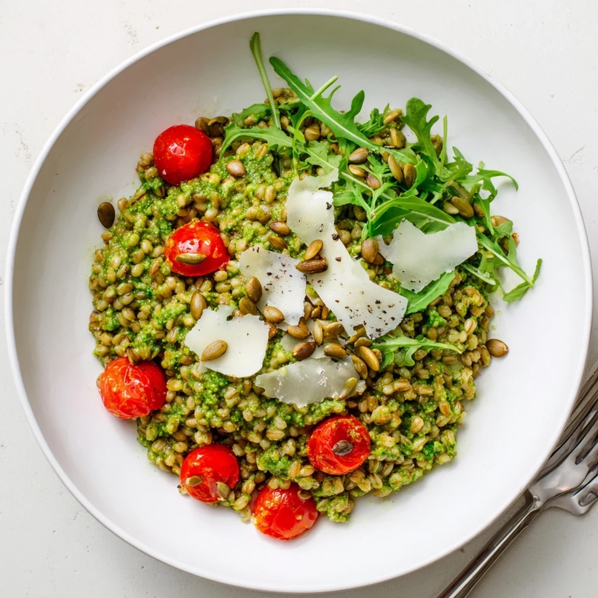 Nutty farro tossed with zesty basil pepita pesto and garnished with cherry tomatoes and shaved Parmesan