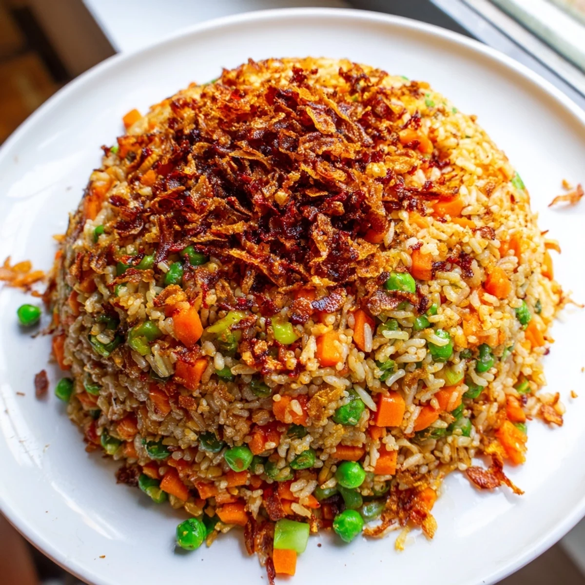 Golden fried rice with aromatic garlic, chili crunch, and crispy shallots garnish
