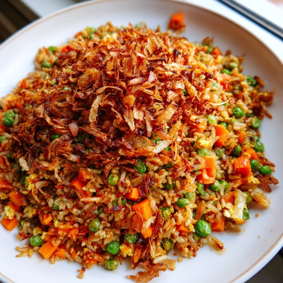 Savory garlic chili crunch fried rice topped with golden fried shallots and green onions