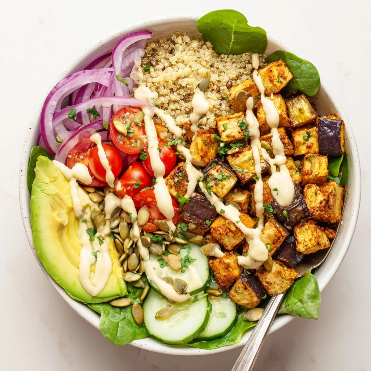 Golden roasted eggplant with chili garlic seasoning served over fluffy quinoa in a vibrant veggie bowl