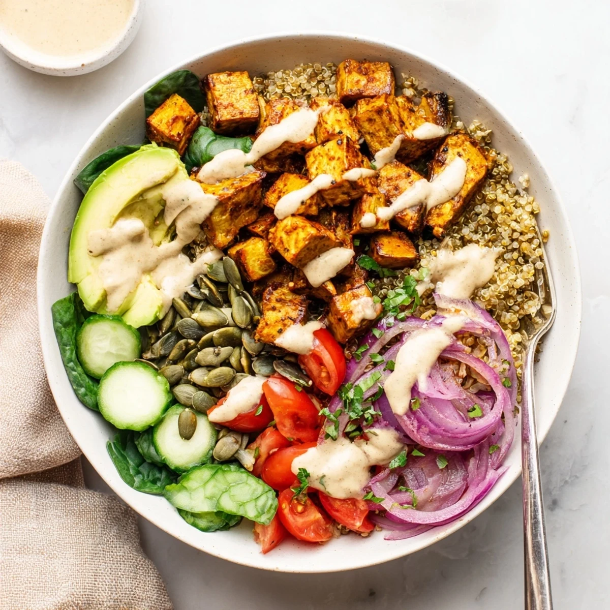 Creamy tahini drizzle coats spicy roasted eggplant nestled among fresh cucumber tomatoes and avocado slices