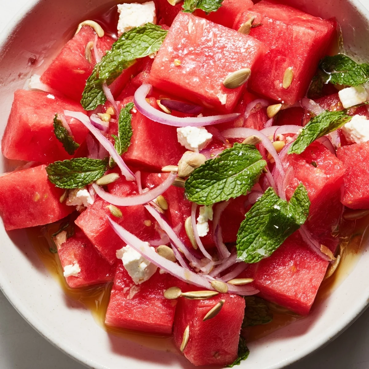 Vibrant summer watermelon feta mint salad with creamy cheese and crispy pepitas